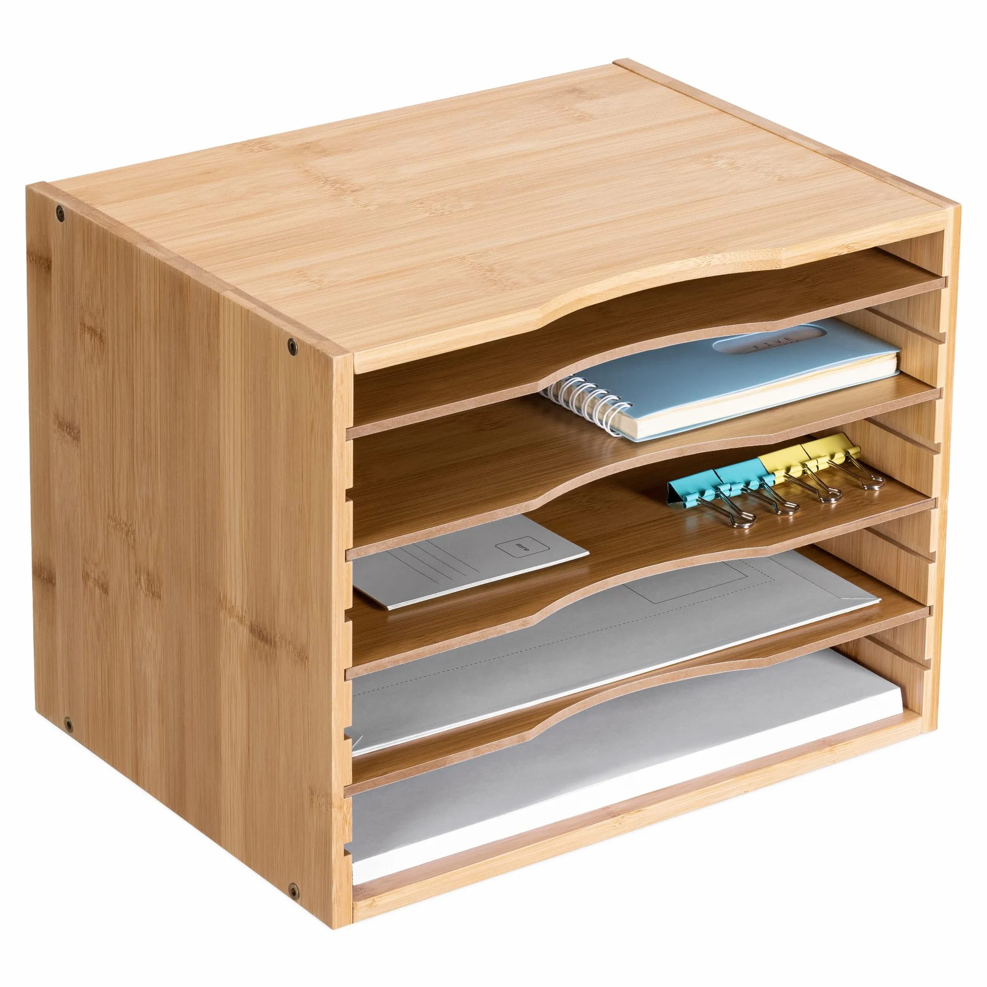 Navaris Bambusowa półka na dokumenty – 33 x 26 x 24,5 cm organizer na biurko – drewniana półka 5 półek – system organizacji m. in. biura.