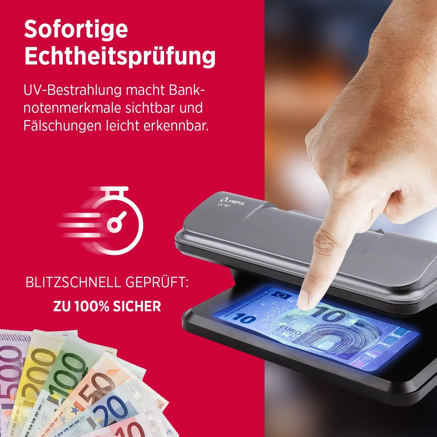 Olympia UV 587 tester banknotów – USB tester/lampa z UV LED do sprawdzania banknotów, fałszywych pieniędzy, kart kredytowych i dowodów osobistych
