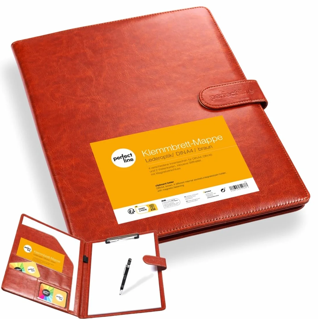 perfect line - Teczka z klipsem DIN-A4 z zapięciem magnetycznym - wykonana z wytrzymałej sztucznej skóry o stylowym wyglądzie skóry - teczka biznesowa premium (1 teczka - brązowa)