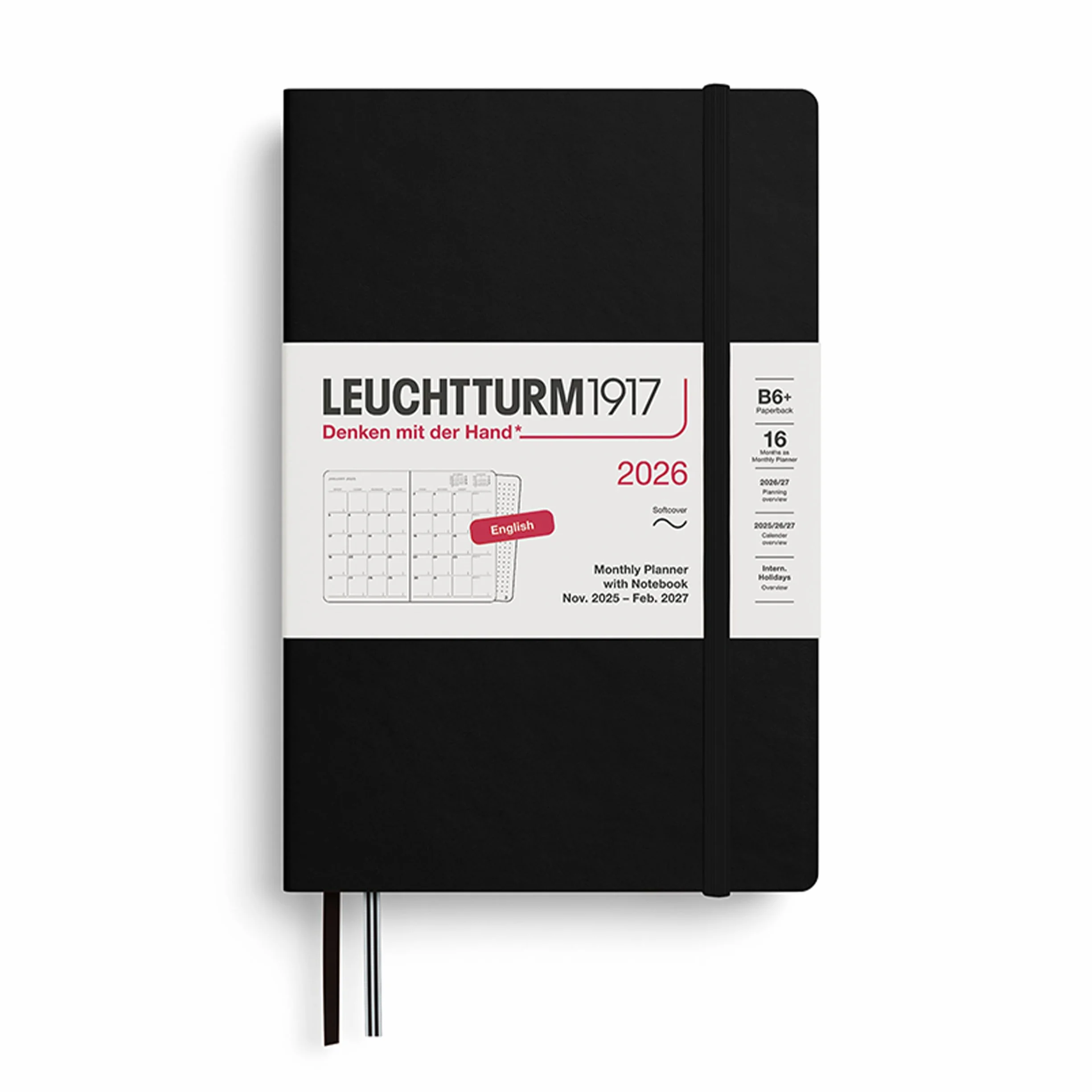 LEUCHTTURM1917 372790 planer miesięczny i notatnik w miękkiej oprawie (B6+) na rok 2026, 16 miesięcy, miękka okładka, czarny, angielski