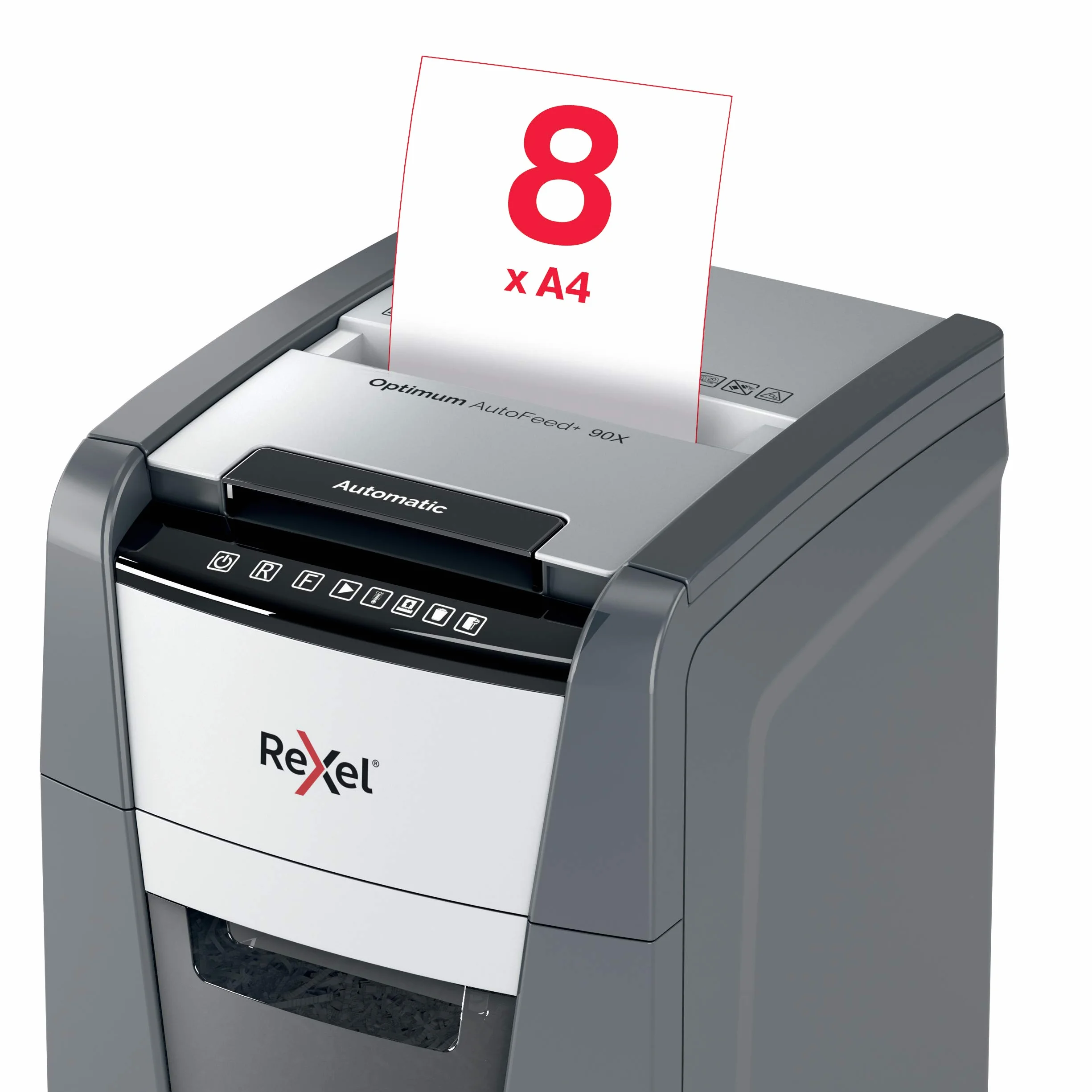 Rexel Optimum Auto Feed+ Automatyczna Niszczarka do Papieru, 90 Arkuszy, Bezpieczeństwo P-4, Tnie na Konfetti, do Domowego Biura, Pojemność 34 L, 2020090X