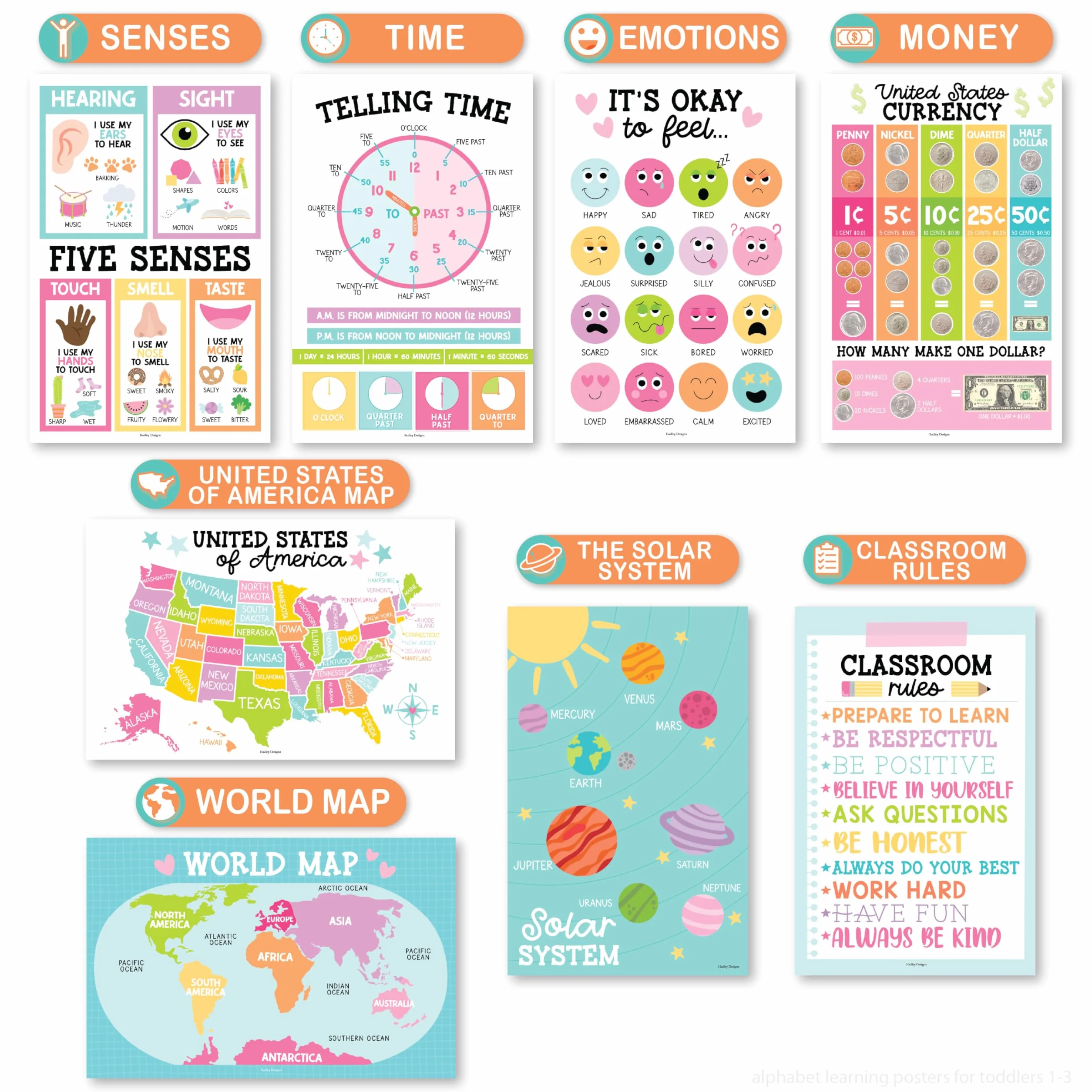 Hadley Designs 16 Educational Posters for Classroom Decor - Pastel Educational Posters for Toddlers 1-3, Toddler Learning Poster for Kids Ages 3-5, Kindergarten & Preschool Classroom Must Haves