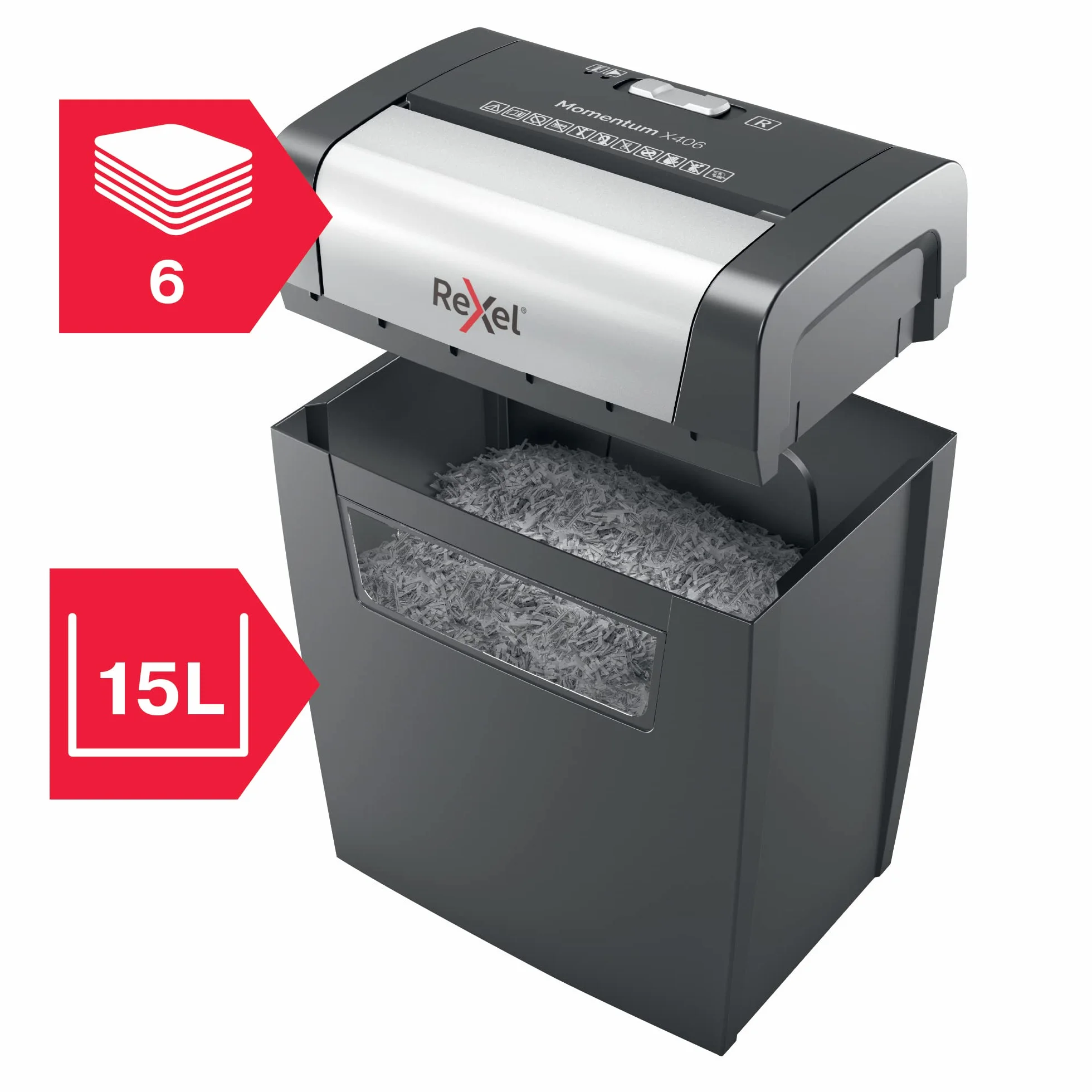 Rexel, Niszczarka do Papieru Rexel Momentum X406, Tnie na Konfetti do 6 kartek (80 gsm), Poziom Bezpieczeństwa P-4, Pojemność Pojemnika na Ścinki 15L, Kolor Czarny (2104569EU)