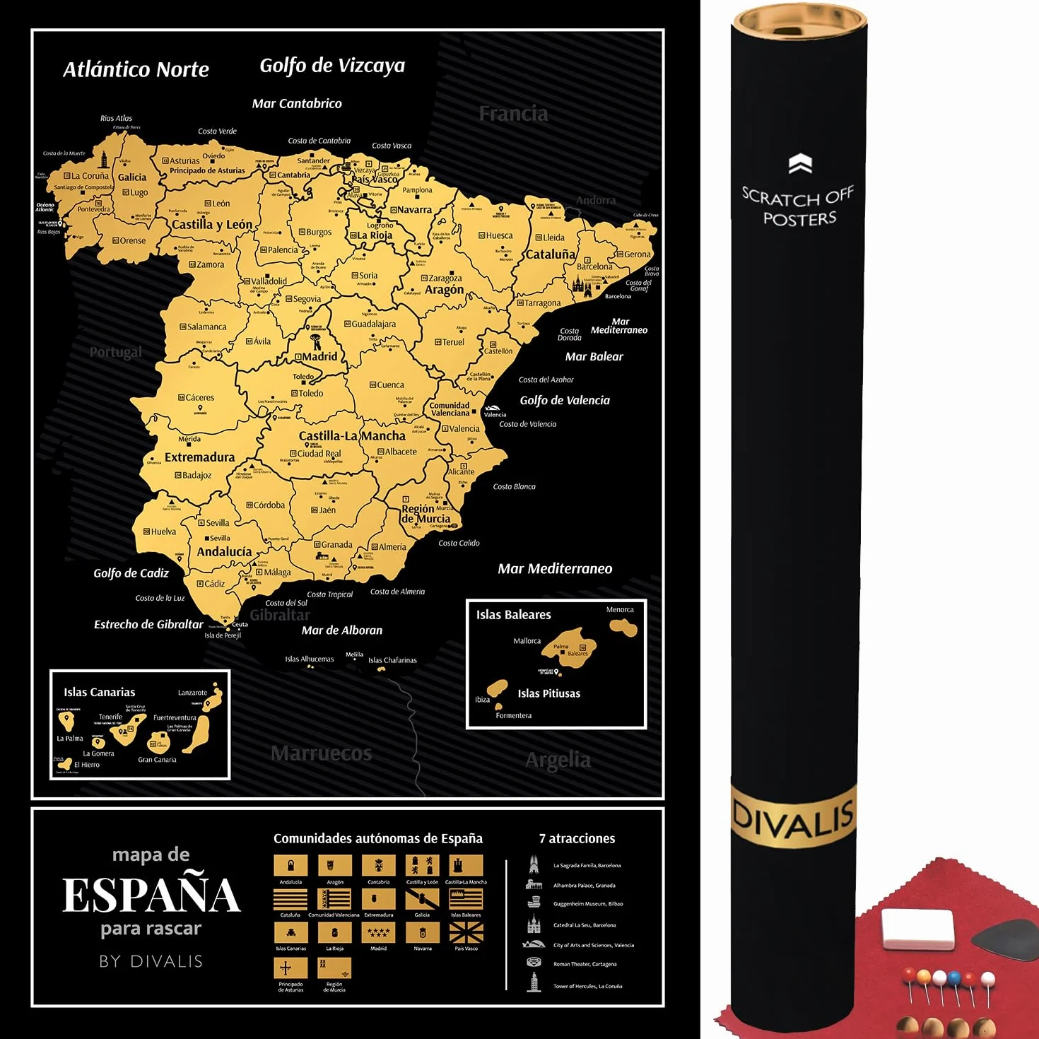Divalis Mapa Hiszpanii - Duża Mapa do Zdrapywania - Mapa Hiszpanii do Zdrapywania według Prowincji i Miast - Scratch off Spain Map - Scratchable Spain Poster