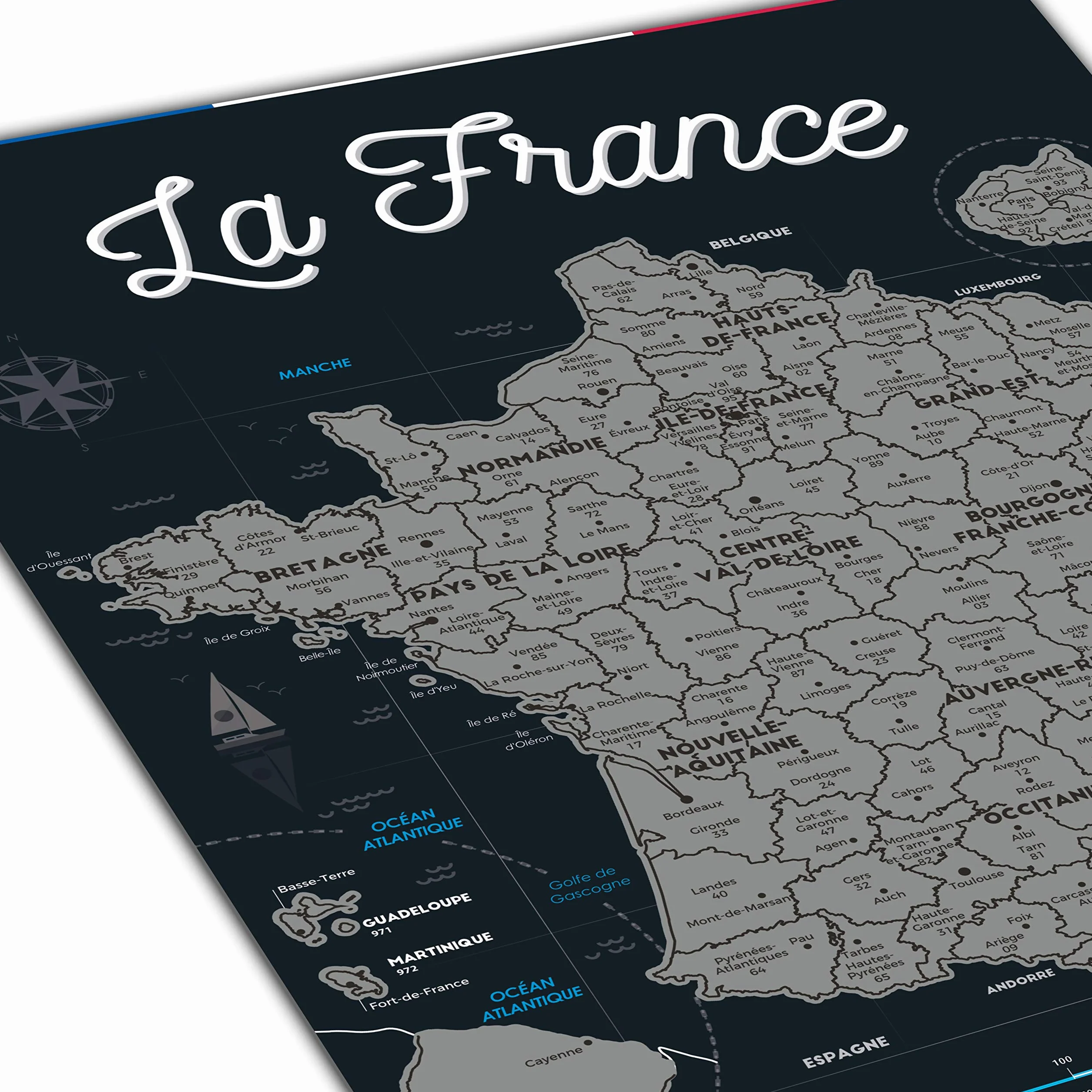 Bonanzana - Mapa Francji do drapania - 70x42 cm - Plakat do drapania regionów i wydziałów francuskich odwiedzanych z naczyniami i miejscami - Karta prezentowa ścienna z podróży - Scratch Off Map
