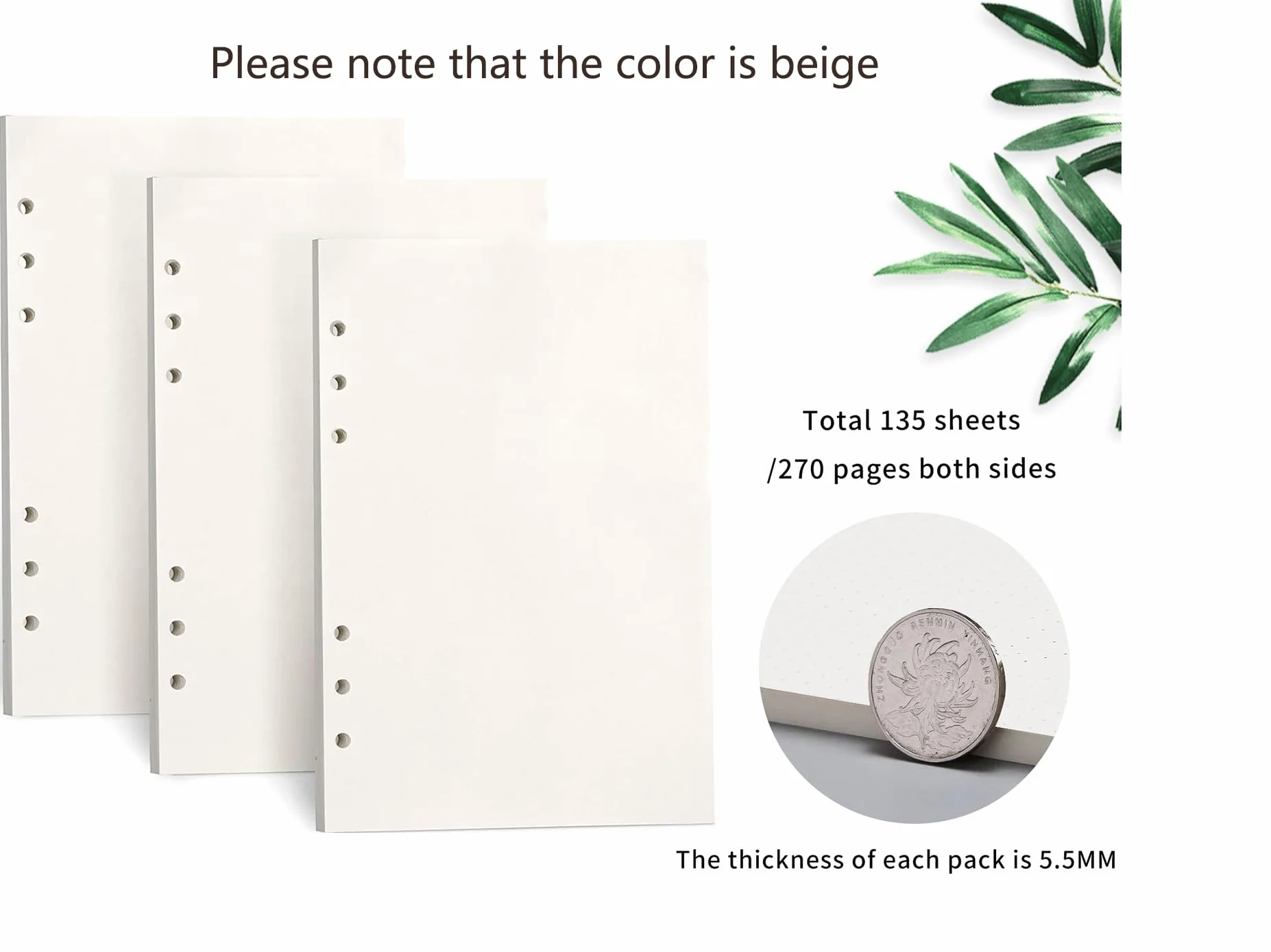 Papier A5 100 g/m² 135 arkuszy 270 stron 6 otworów wkładki do notatnika beżowe