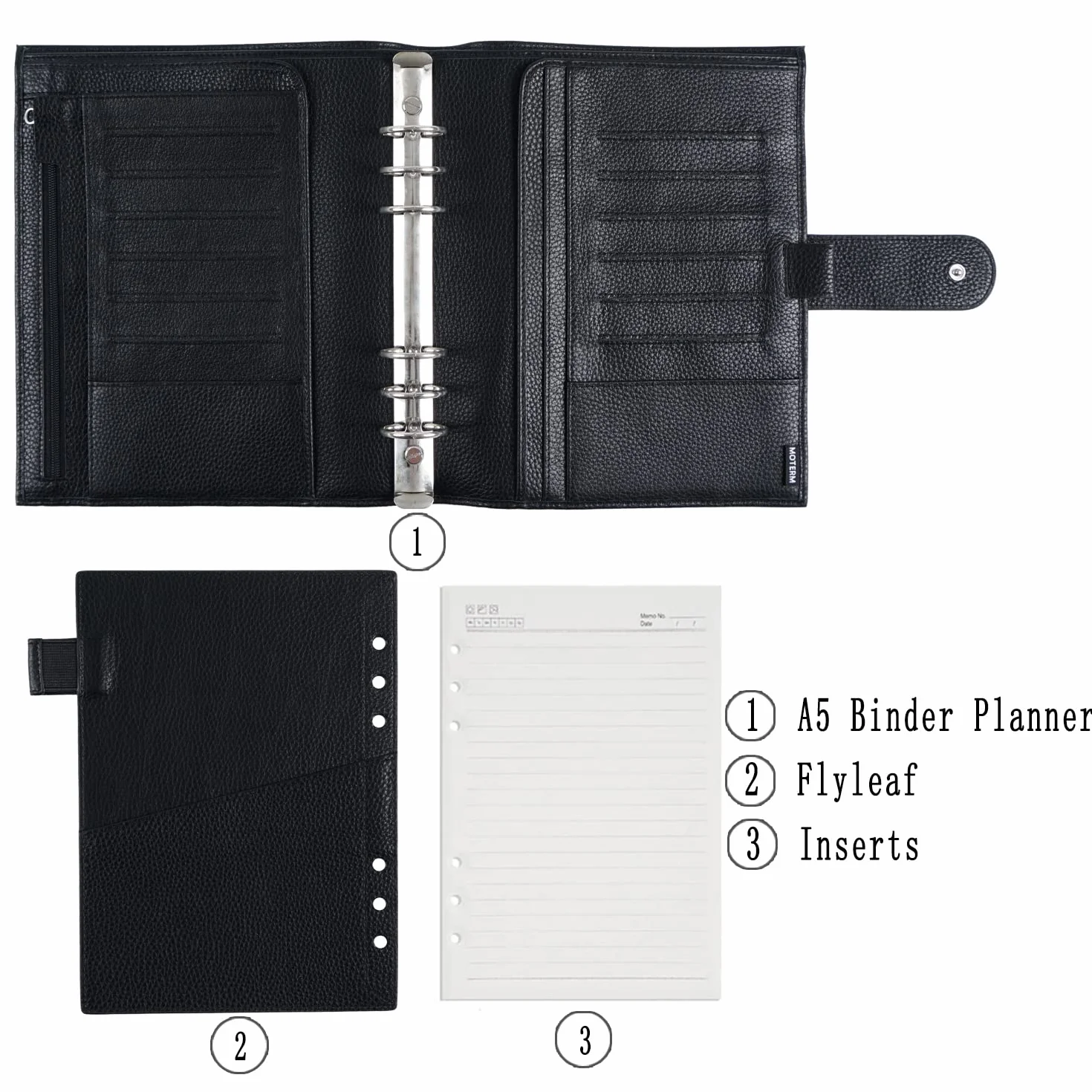 Moterm A5 Luxe Ringe Planer - Echtes Leder Binder Organizer (Kiesel-Schwarz,30mm Ring)