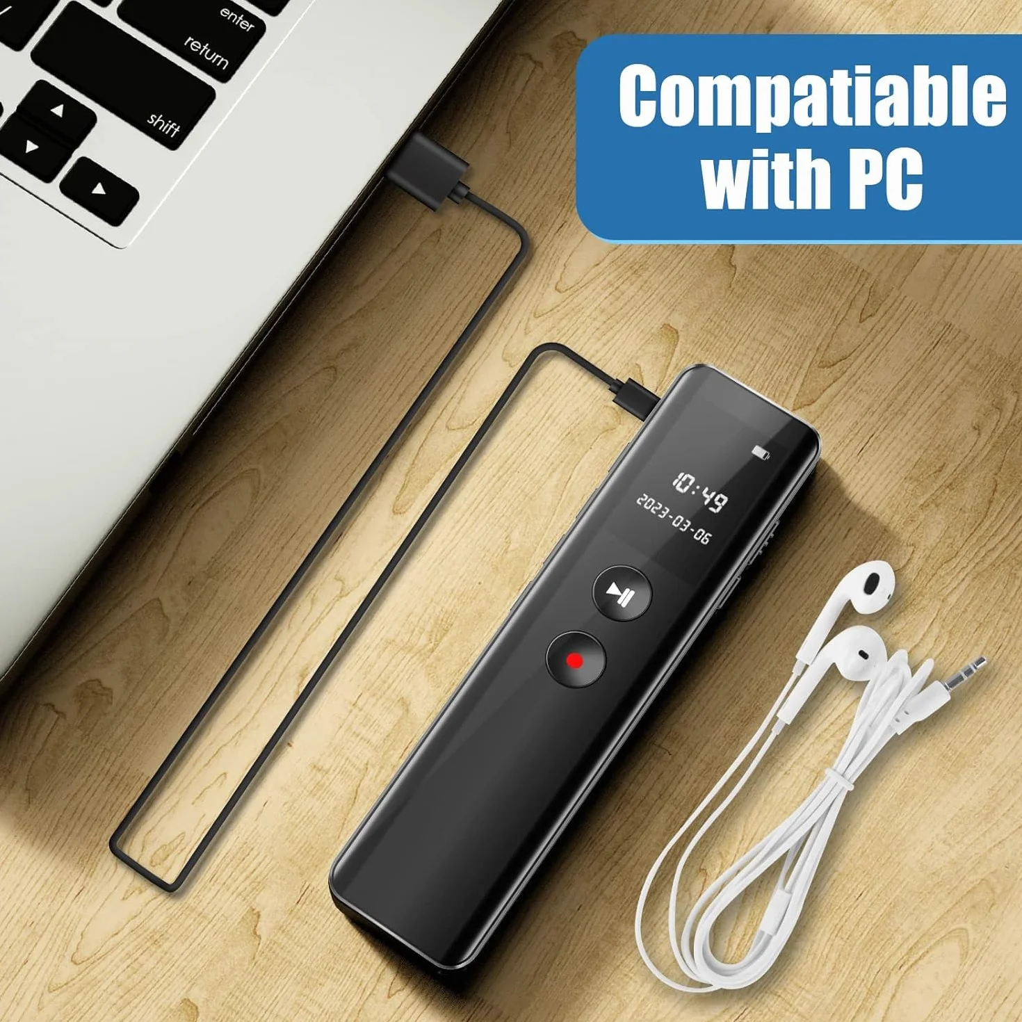 64 GB Digital Voice Recorder, aktywacja głosem, nagrywanie One-Touch Recording 3072 Kbps, dyktafon z odtwarzaniem, redukcją szumów, nagrywanie dźwięku na spotkania/wywiady/zajęcia