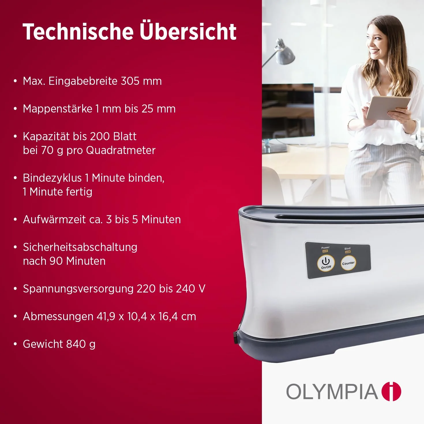 Olympia - Wydajne urządzenie do bindowania termicznego A4 TB-1280 | bardzo szybko gotowe do użycia | tylko 1 min. czas wiązania | najprostszy i najszybszy system wiązania do 200 arkuszy | uchwyt