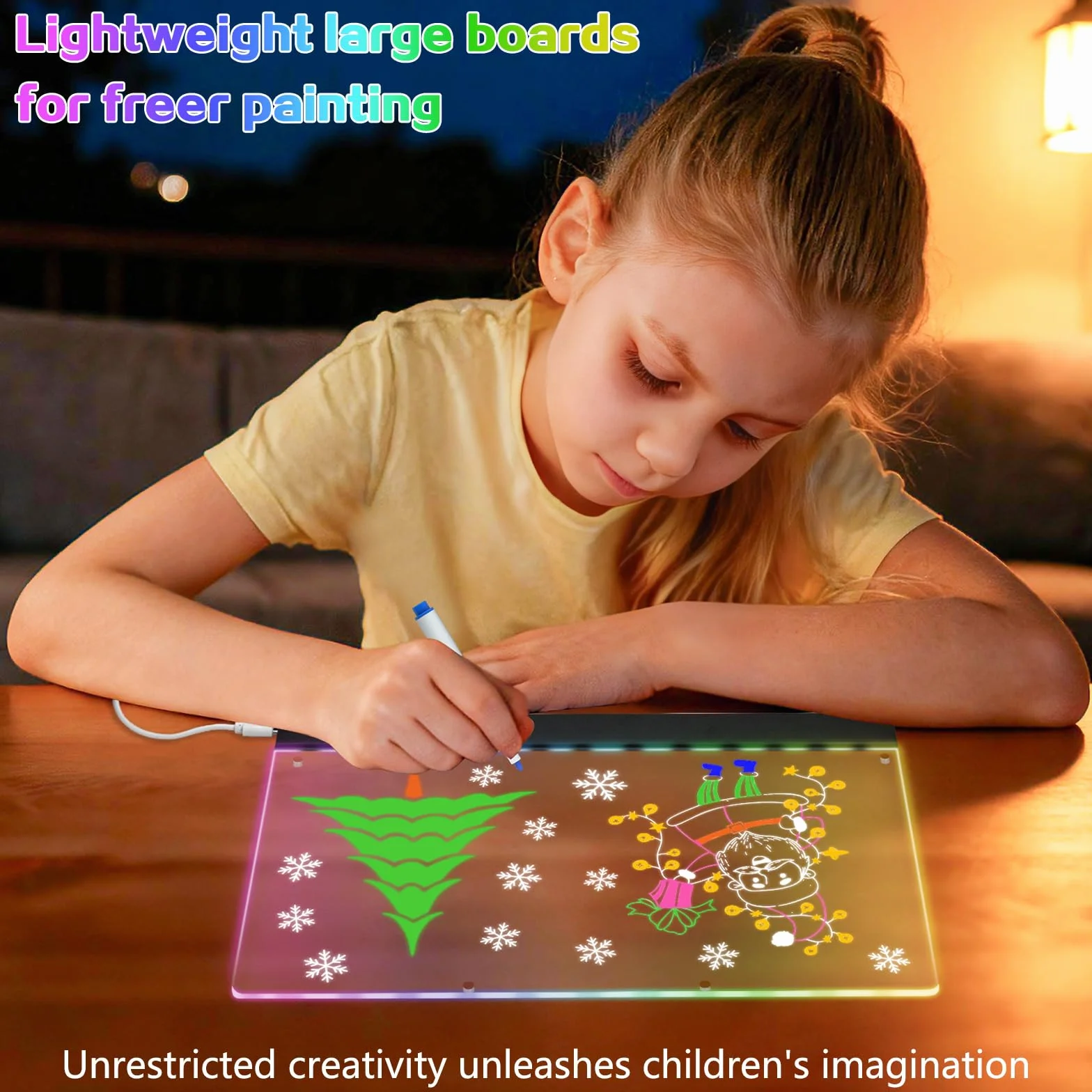 Tablica LED na notatki z farbami, akrylowa tablica na notatki z 7 kolorowymi pisakami, z regulowanym stojakiem, przezroczysta, świecąca tablica LED (30 x 20 cm)