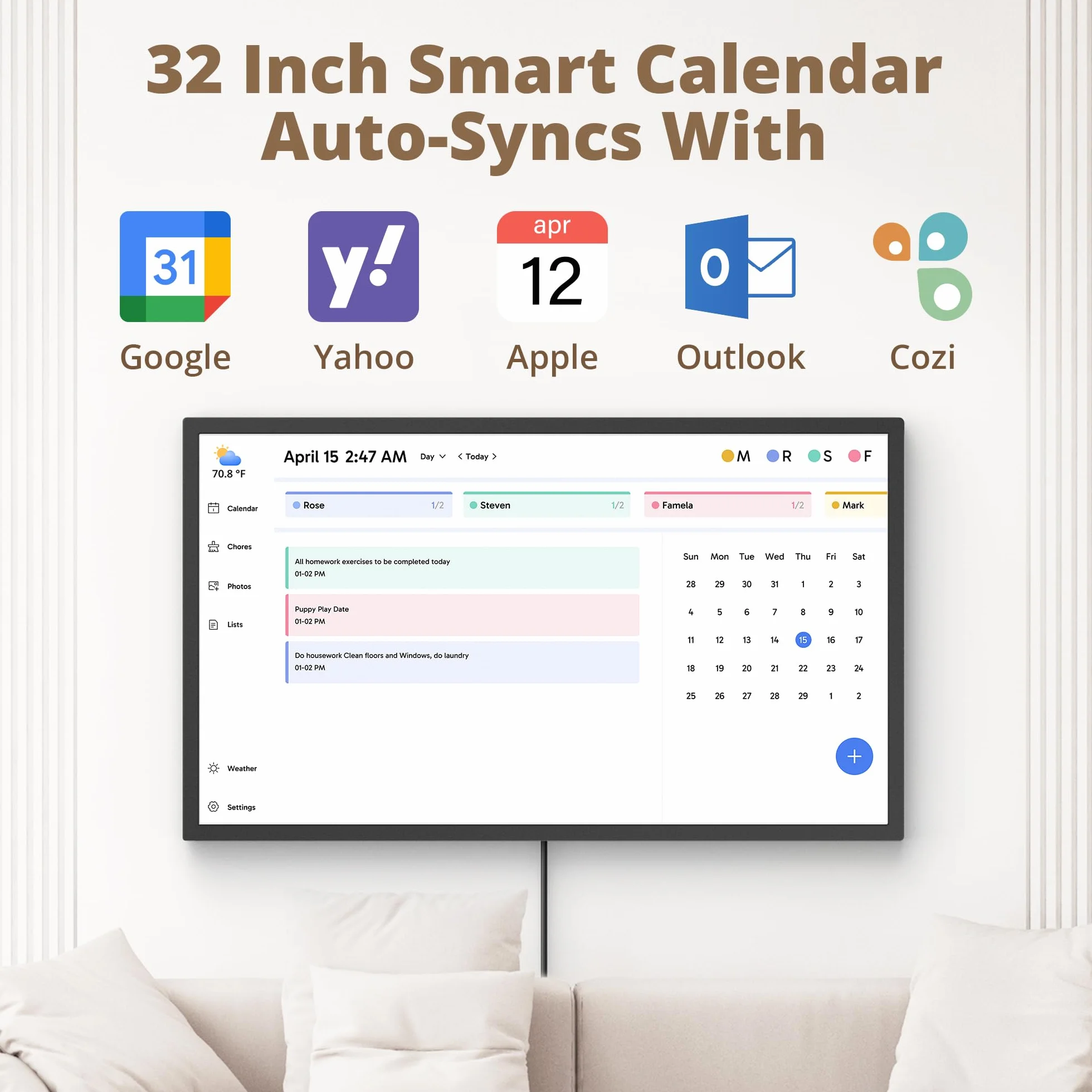Dragon Touch Kalendarz, 81.3 cm cyfrowy kalendarz 2025, rodzinny planer ścienny, interaktywny ekran dotykowy 1080p Full HD, inteligentny wykres obowiązków i organizacja domu, prezent dla zapracowanych