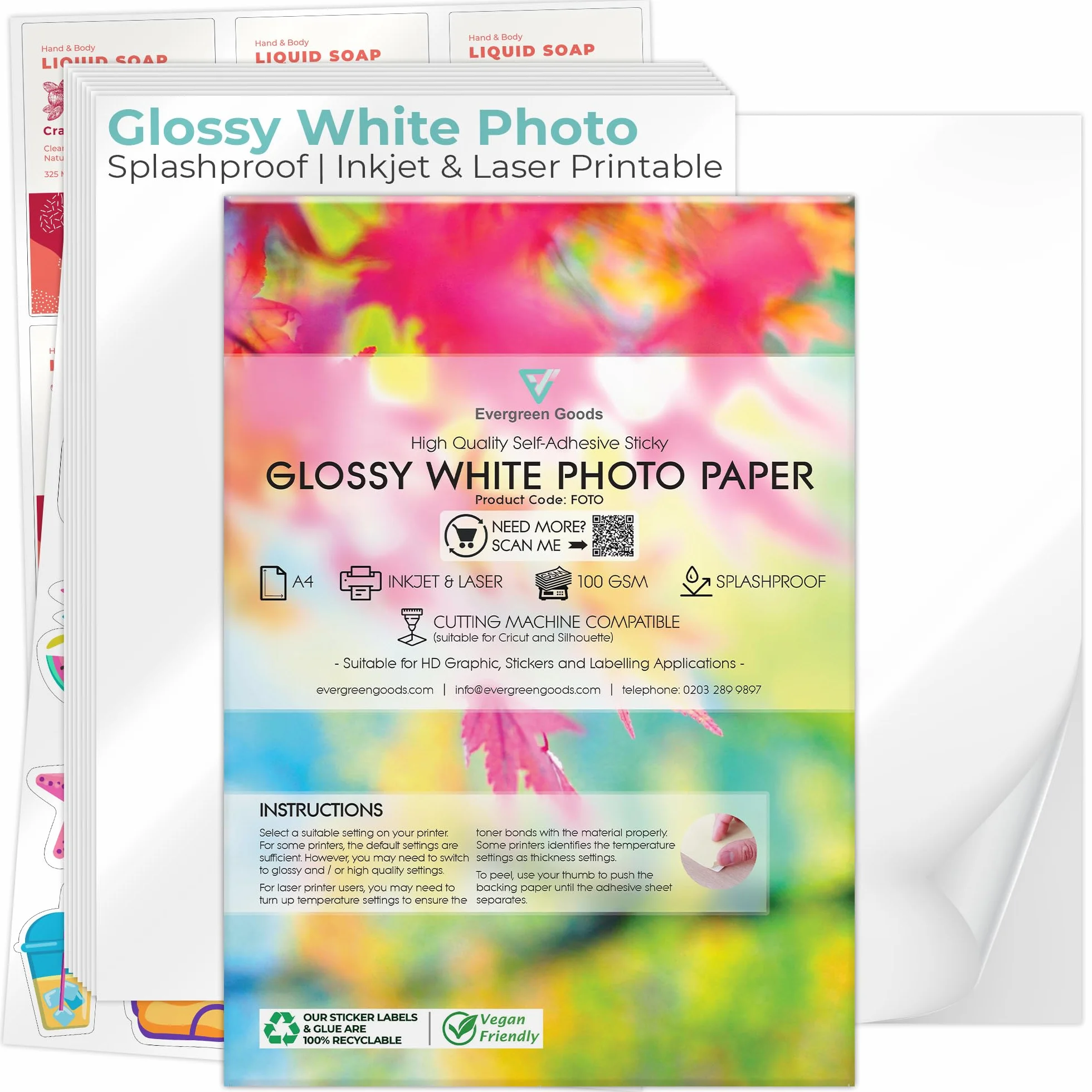 Evergreen Goods Błyszczący samoprzylepny papier fotograficzny A4, 20 arkuszy, 200 g/m², wodoodporny, duża siła klejenia, kompatybilny z drukarkami atramentowymi i laserowymi, idealny do etykiet