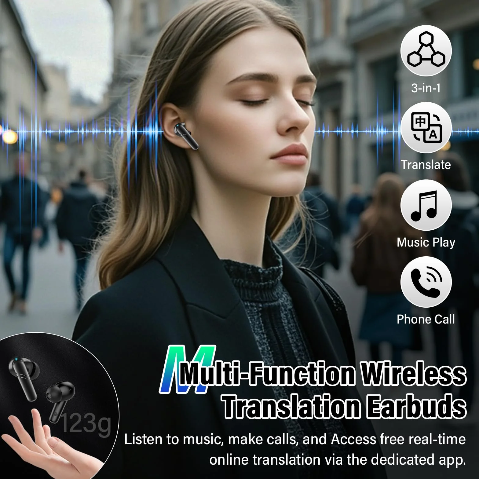 AI Instant Voice Translator, 3 w 1, słuchawki do natychmiastowego tłumacza z 144 językami, 200+ aplikacje AI