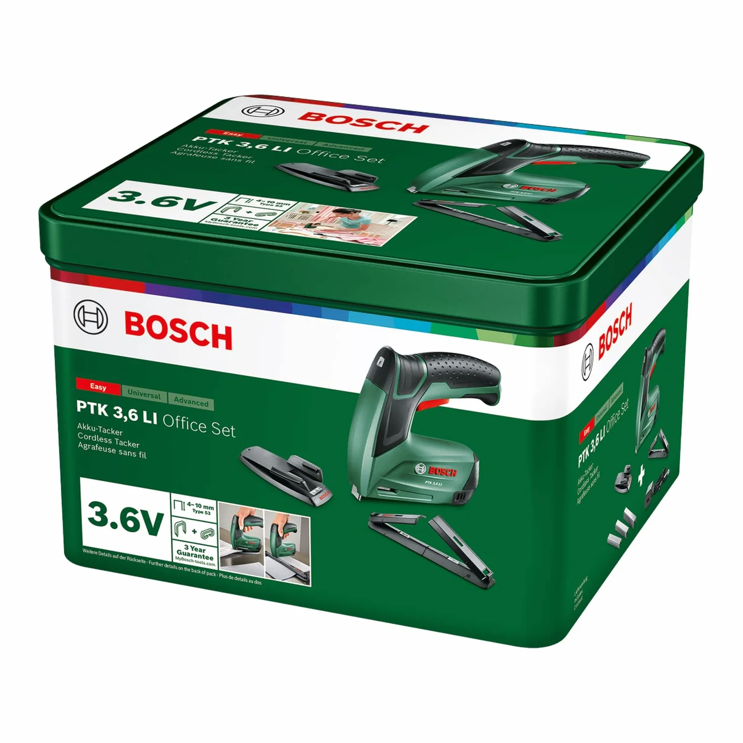 Bosch Home and Garden Bosch PTK 3,6 LI zszywacz akumulatorowy, zestaw biurowy ze skoroszytem papierowym i zeszytem do broszur (wbudowany akumulator, 3,6 V, zestaw zszywaczy, 30 uderzeń/min, w