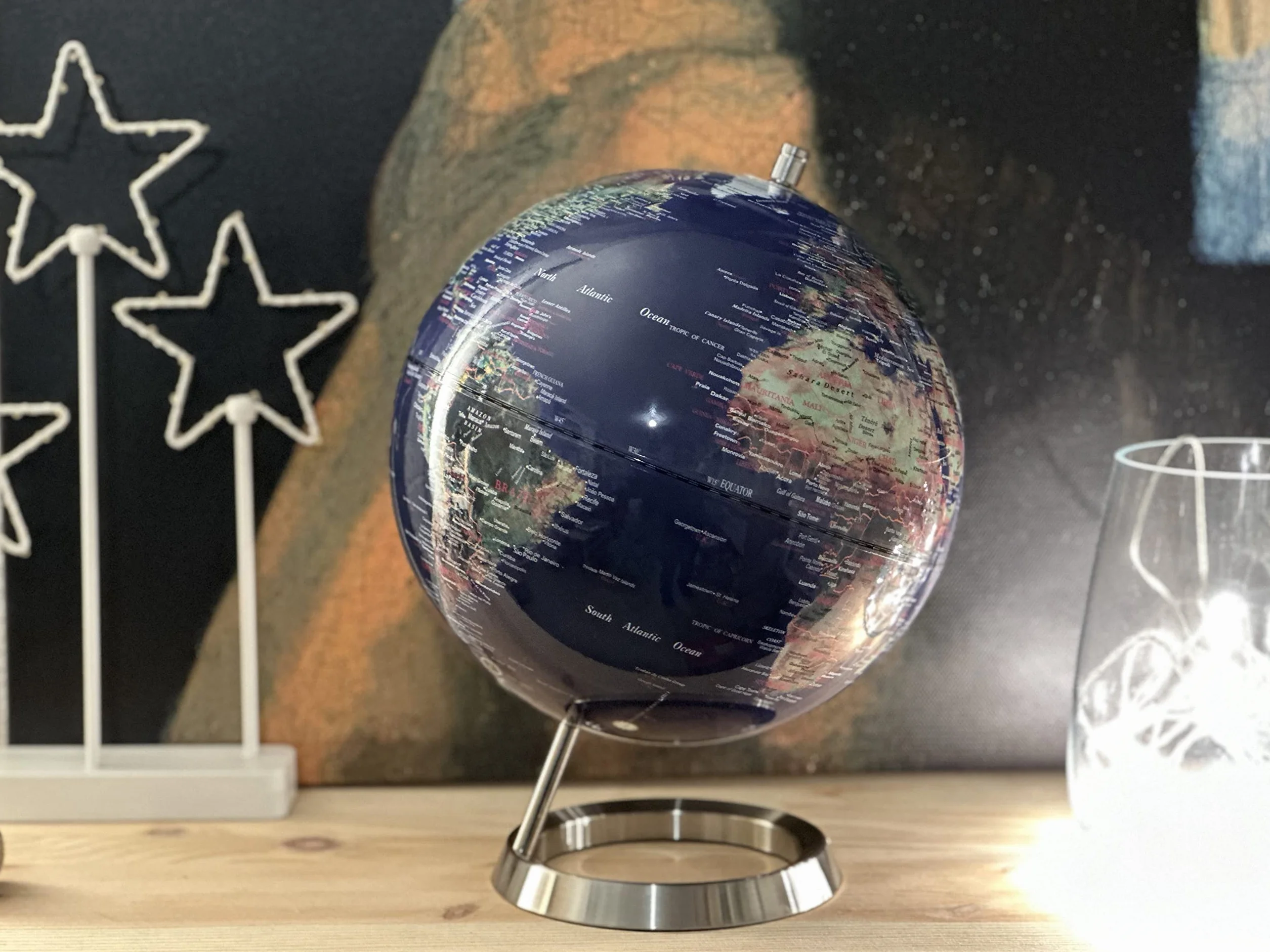 EXERZ Globus Świata 25 cm na Stalowym Pierścieniu | Metaliczny Niebieski | Kula Ziemska z Podstawą
