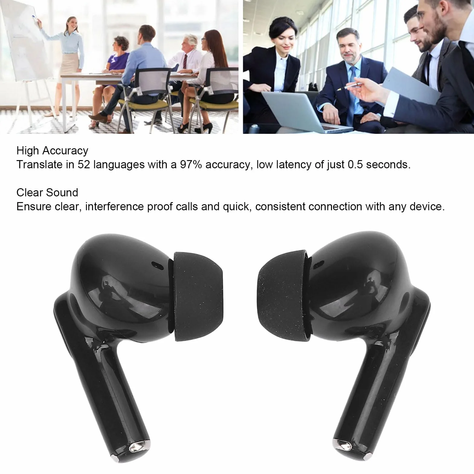 Tłumacz Językowy AI z Bluetooth 5.3, Tłumaczenie w Czasie Rzeczywistym 52 Języków, 4 Tryby, Niskie Opóźnienie 0,5S, Mikrofony HD, Czas Pracy 3,5H, Czarny