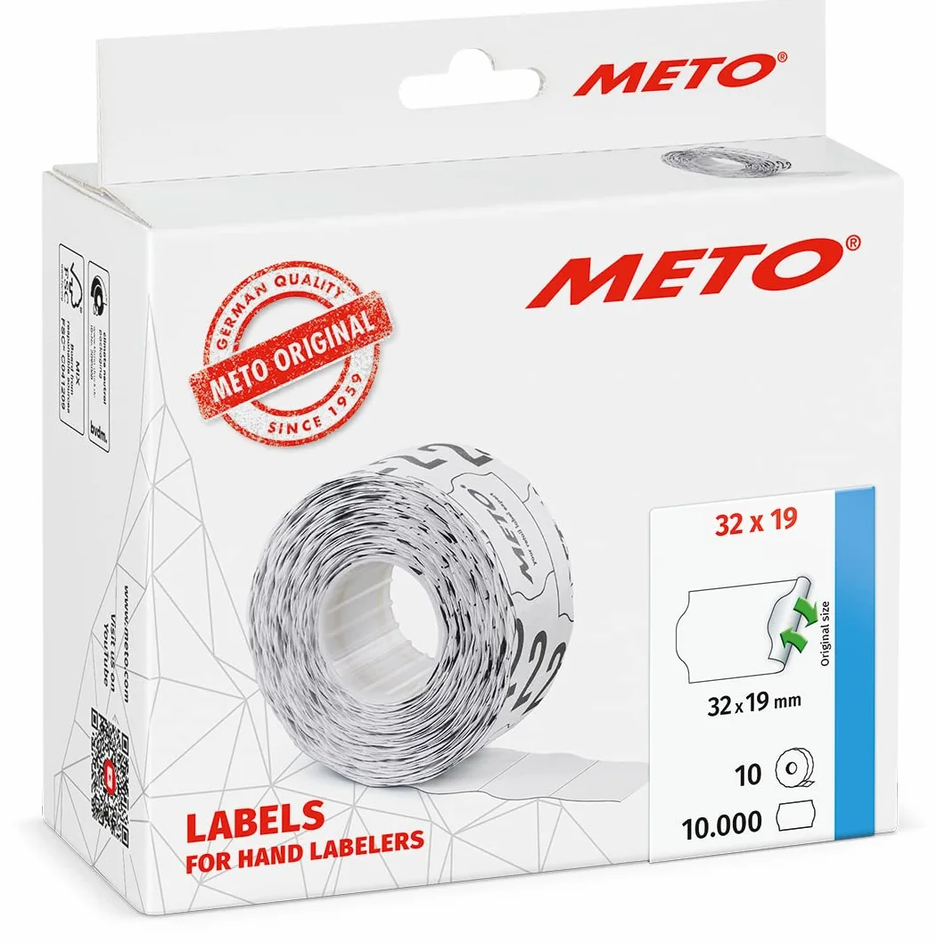 METO Etykiety do ręcznych etykietek 30007364 (32 x 19 mm, 2-wierszowe, 10 000 sztuk, odklejane, do METO, Contact, Sato, Avery, Tovel, Samark itd.) 10 rolek, białe
