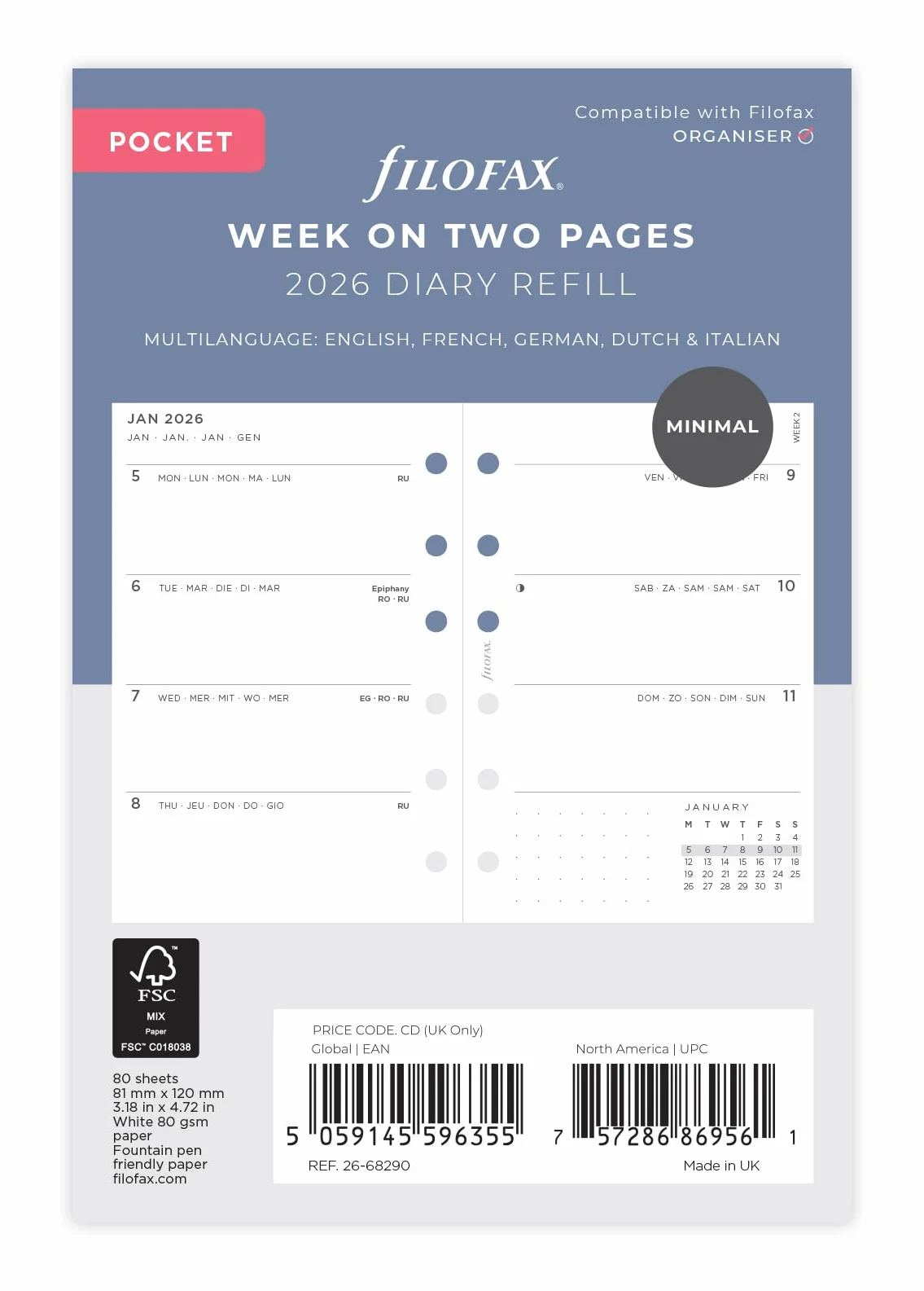 Filofax Pocket Minimal week on two pages 2026 diary