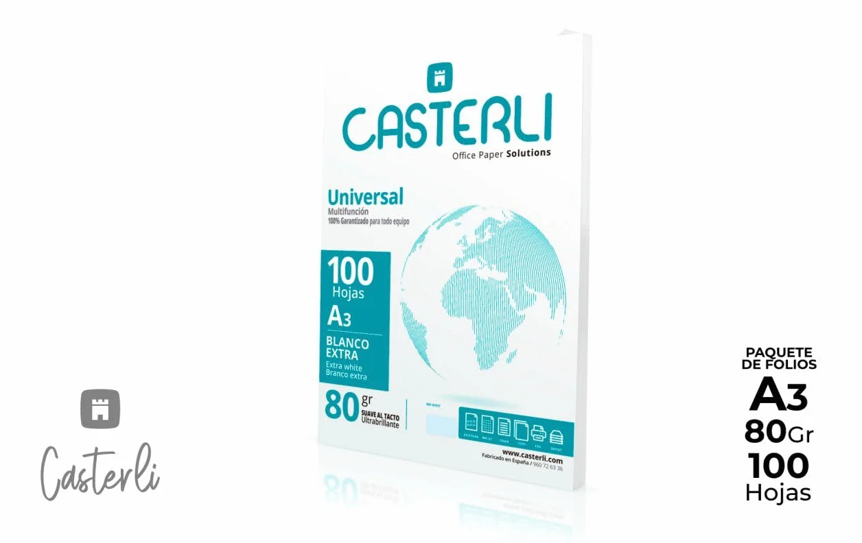CASTERLI Papier A3, 100 białych arkuszy, rozmiar A3, 80 g/m², bardzo biały, papier uniwersalny do drukarki A3 80 g/m² (A3, 100 arkuszy)