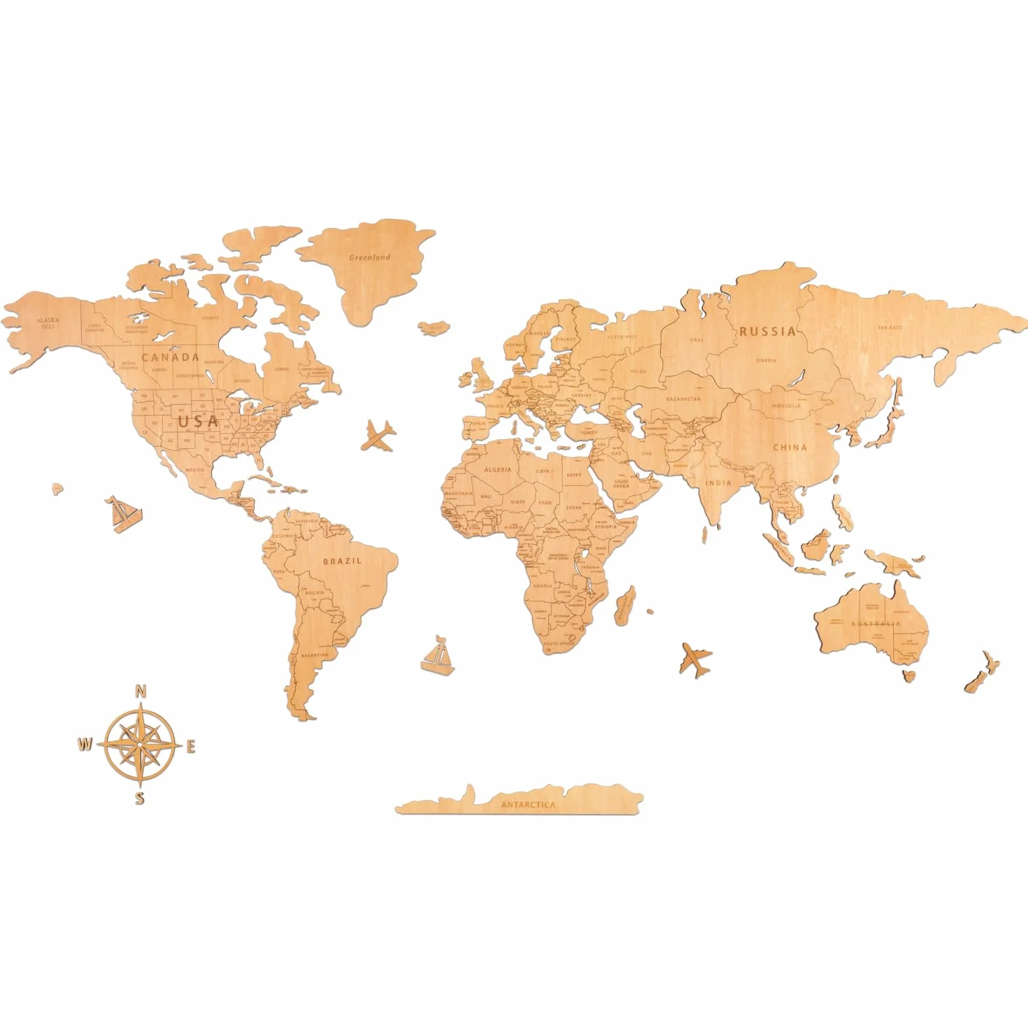 Creawoo Mapa Mundi Duża drewniana ściana Mapamundi z naturalnego drewna dekoracja ścienna do salonu biurowego, sypialni -200x114 CM Mapamundi Art Wall Decor