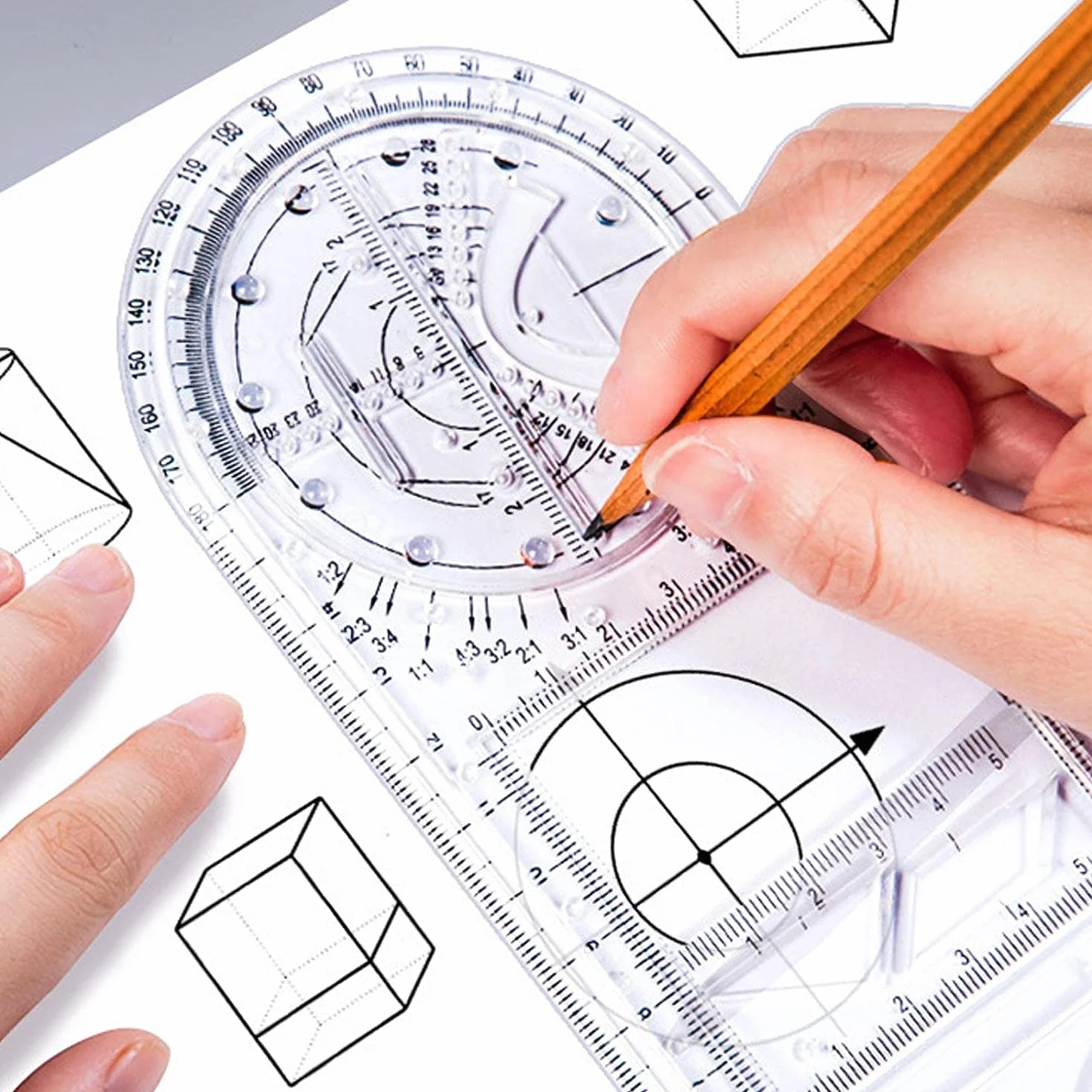 Zestaw 4 wielofunkcyjnych linijek geometrycznych, 2 metry trójkątne, 2 szablony okrągłe 360 stopni, geometryczny szablon do rysowania, narzędzie pomiarowe