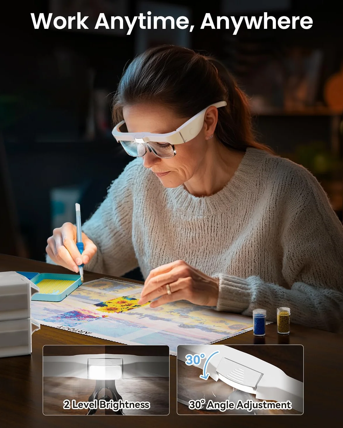 ARTDOT Okulary z lupą i światłem LED do robótek, duży wzrost z 3 LED i 5 soczewkami (0.75X–4.0X). Do diamond painting i akcesoriów malowania diamentami dla dorosłych