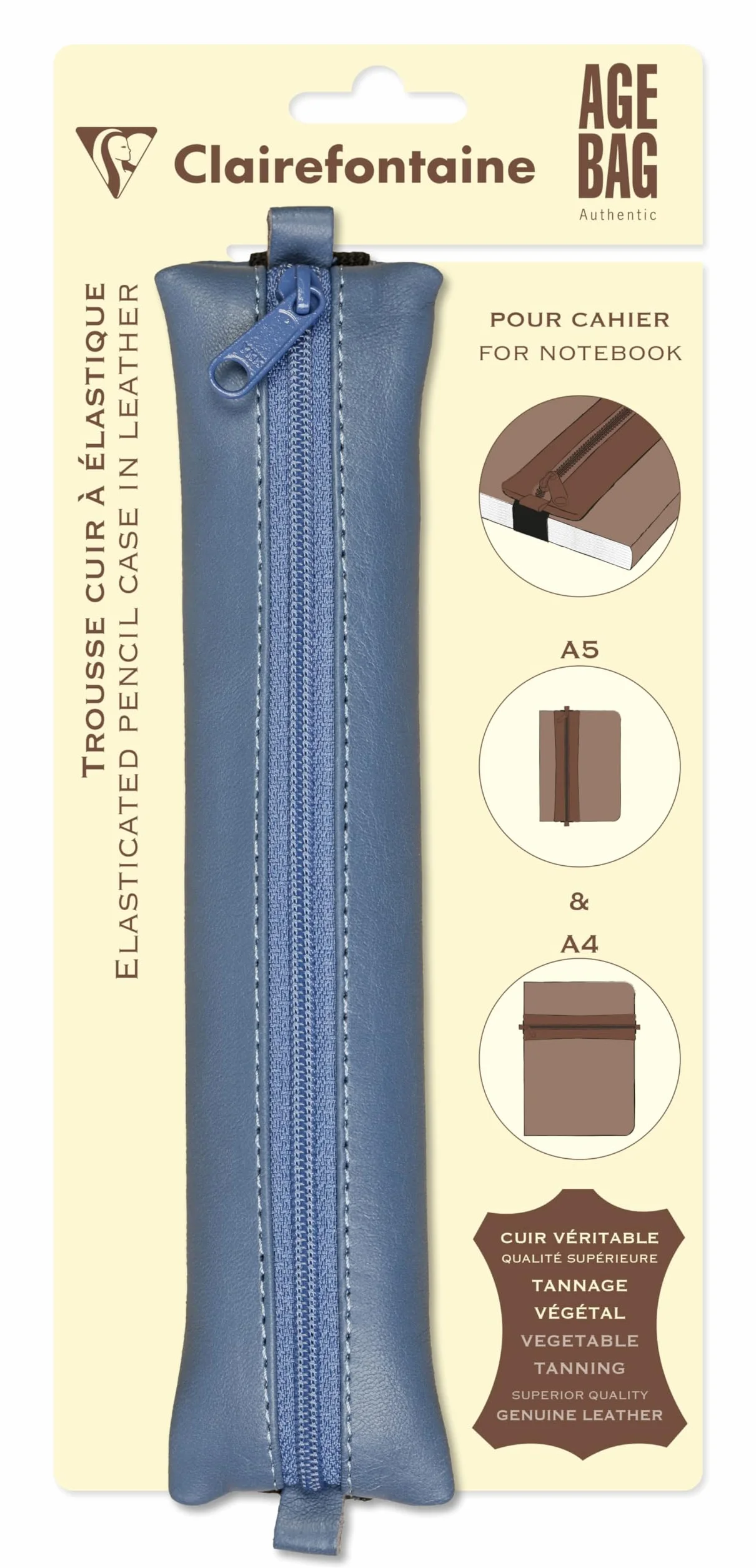 Clairefontaine 77039C Kolekcja Age Bag Piórnik płaski z gumką z prawdziwej skóry jagnięcej niebieski – 20 x 4,5 cm