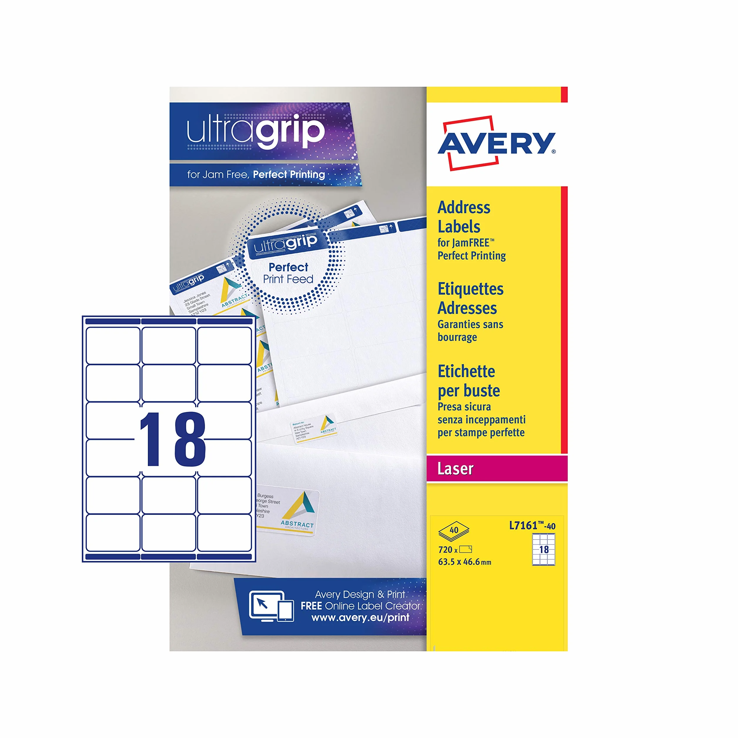 Avery Samoprzylepne etykiety adresowe, drukarki laserowe, 18 etykiet na arkusz A4, 720 etykiet, UltraGrip (L7161), białe