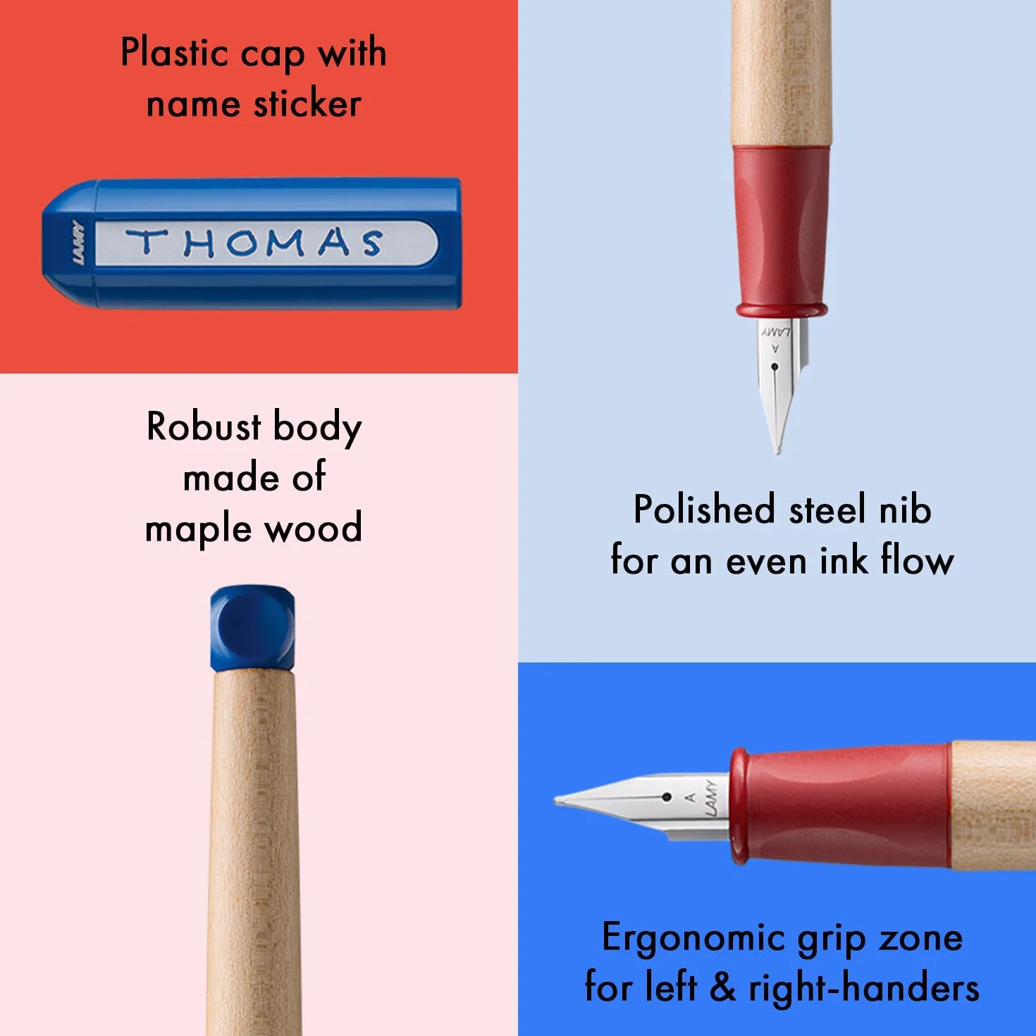 LAMY ABC Red - Przyjazne dla dzieci pióro wieczne do pisania dla początkujących z ergonomicznym uchwytem i polerowaną stalówką ze stali leworęcznej (LH) w rozmiarze M - wytrzymałe drewno klonowe - w