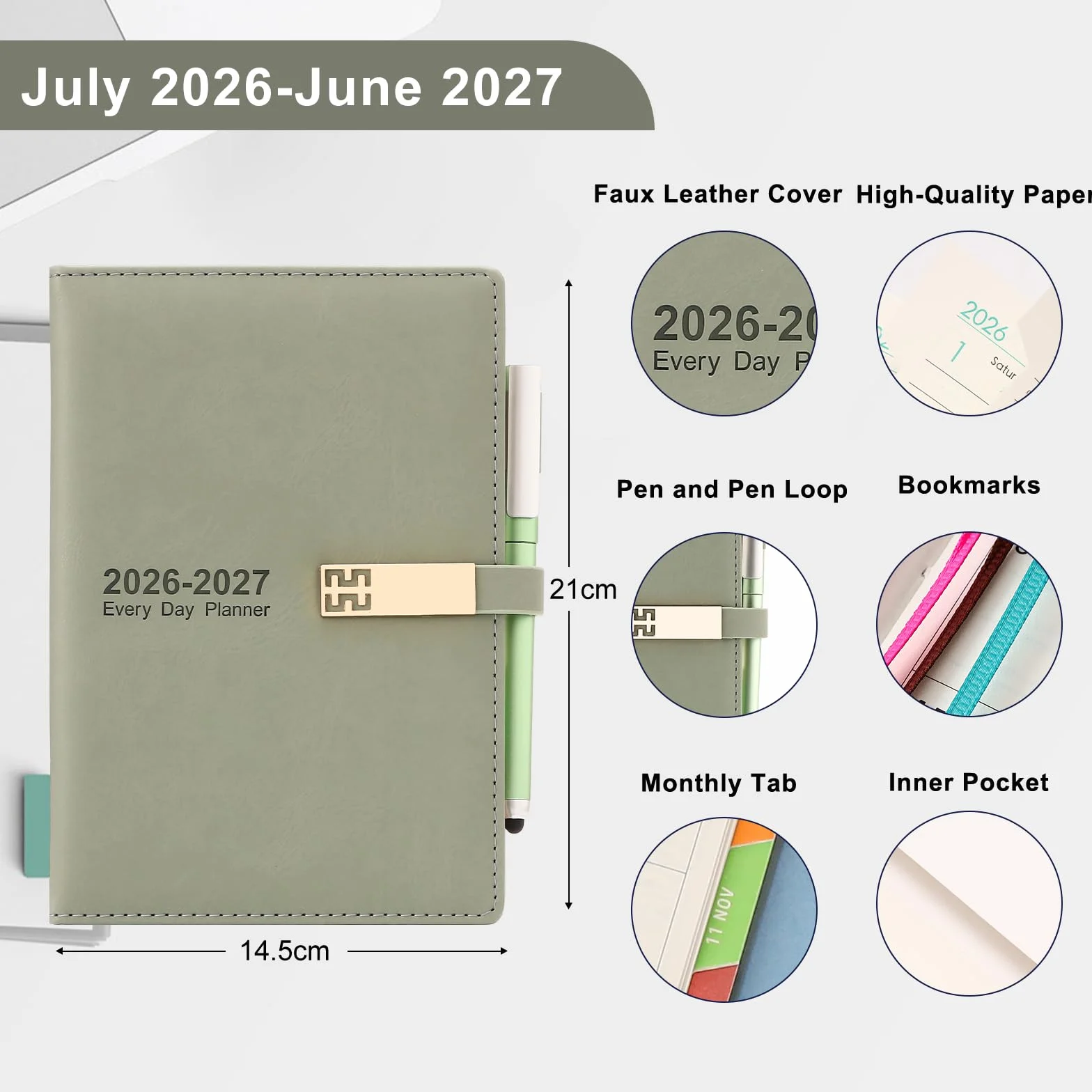 2026-2027 nabiał, pamiętnik akademicki 2026-2027, strona A5, dzień od lipca 2026 do czerwca 2027, organizer, codzienny planer miesięczny z kolorowymi zakładkami miesięcznymi, długopisem, pętlą na