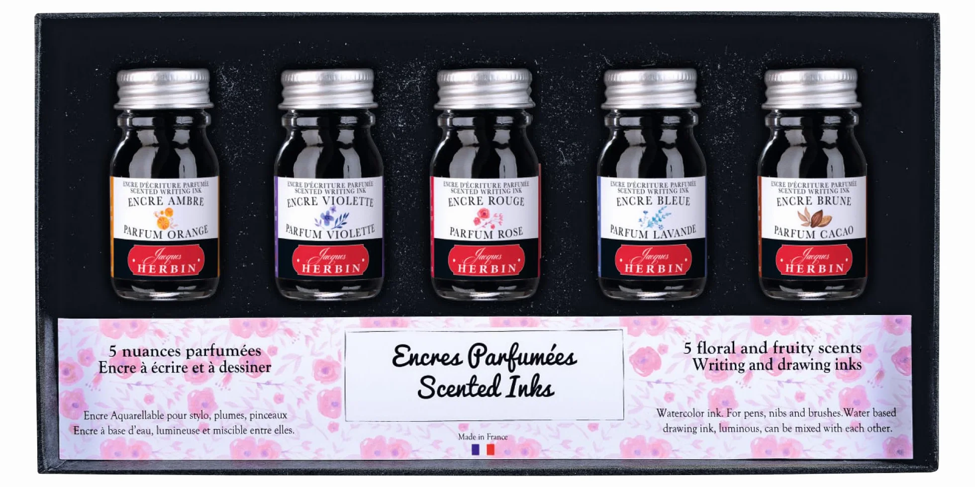 Jacques Herbin 18700T – Zestaw 5 flakonów atramentu zapachowego 10 ml do piór wiecznych i długopisów typu roller, kolory i zapachy mieszane Wyprodukowano we Francji