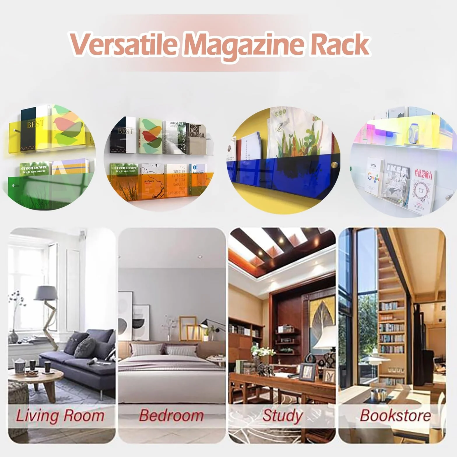 Clear Acrylic Wall Mount Magazine Holder Brochure Rack, Green Bookshelf Stand Literature Storage Shelf (40x5x15cm)