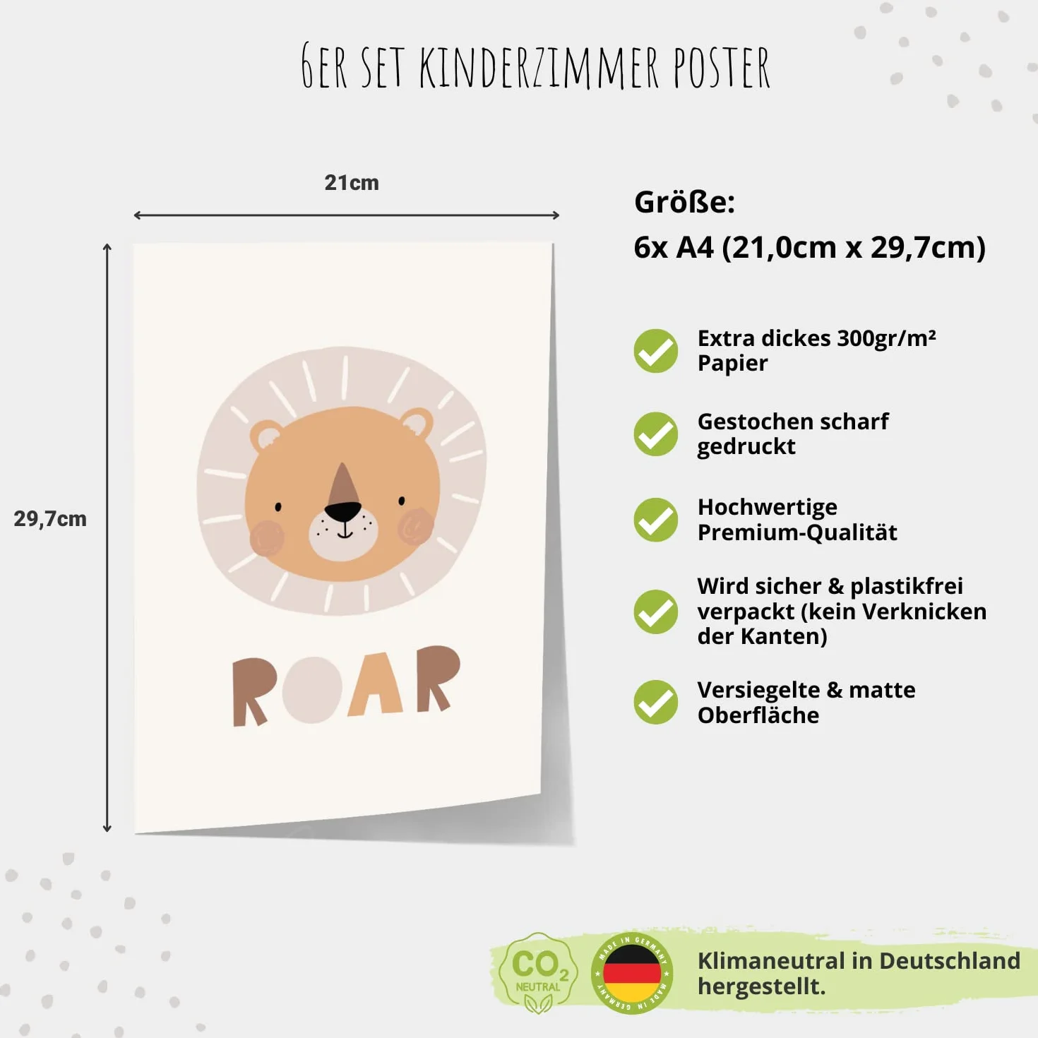 MeinBaby123 Plakat do pokoju dziecięcego zestaw 6 sztuk DIN A4 dekoracja ścienna lew żyrafa tęcza słodkie