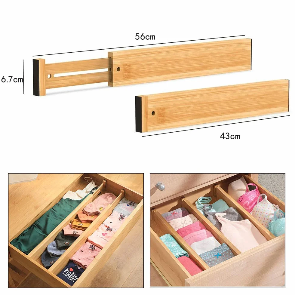 Bambusowe przegrody do szuflad, regulowany, 4-częściowy organizer - sprężynowy, rozszerzalny 43-56 cm, do domu, biura, komody, sypialni/łazienki