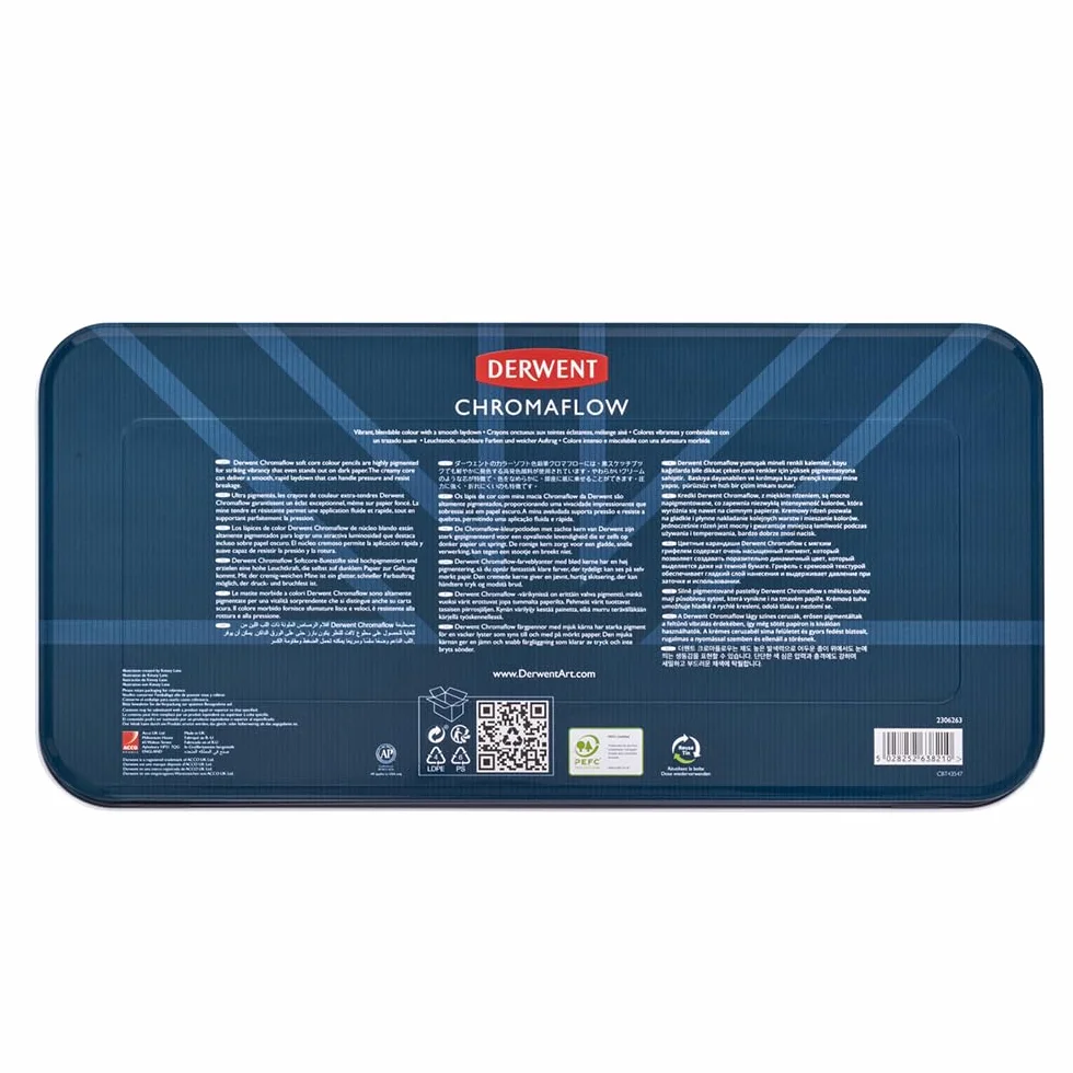 Derwent Chromaflow ołówki 380 cm, puszka, okrągły rdzeń 3,5 mm, wytrzymałość rdzenia, mieszane z gładką teksturą, idealne do rysowania, kolorowania i nakładania warstw, profesjonalna jakość, 2306263