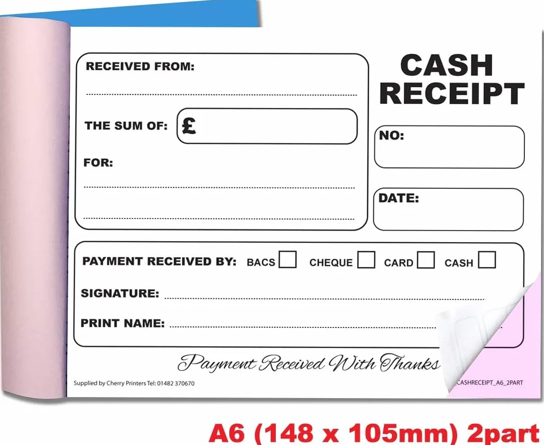 Cherry Carbonless Cash Receipt Book A6, 2-częściowy NCR, 50 zestawów, perforowany