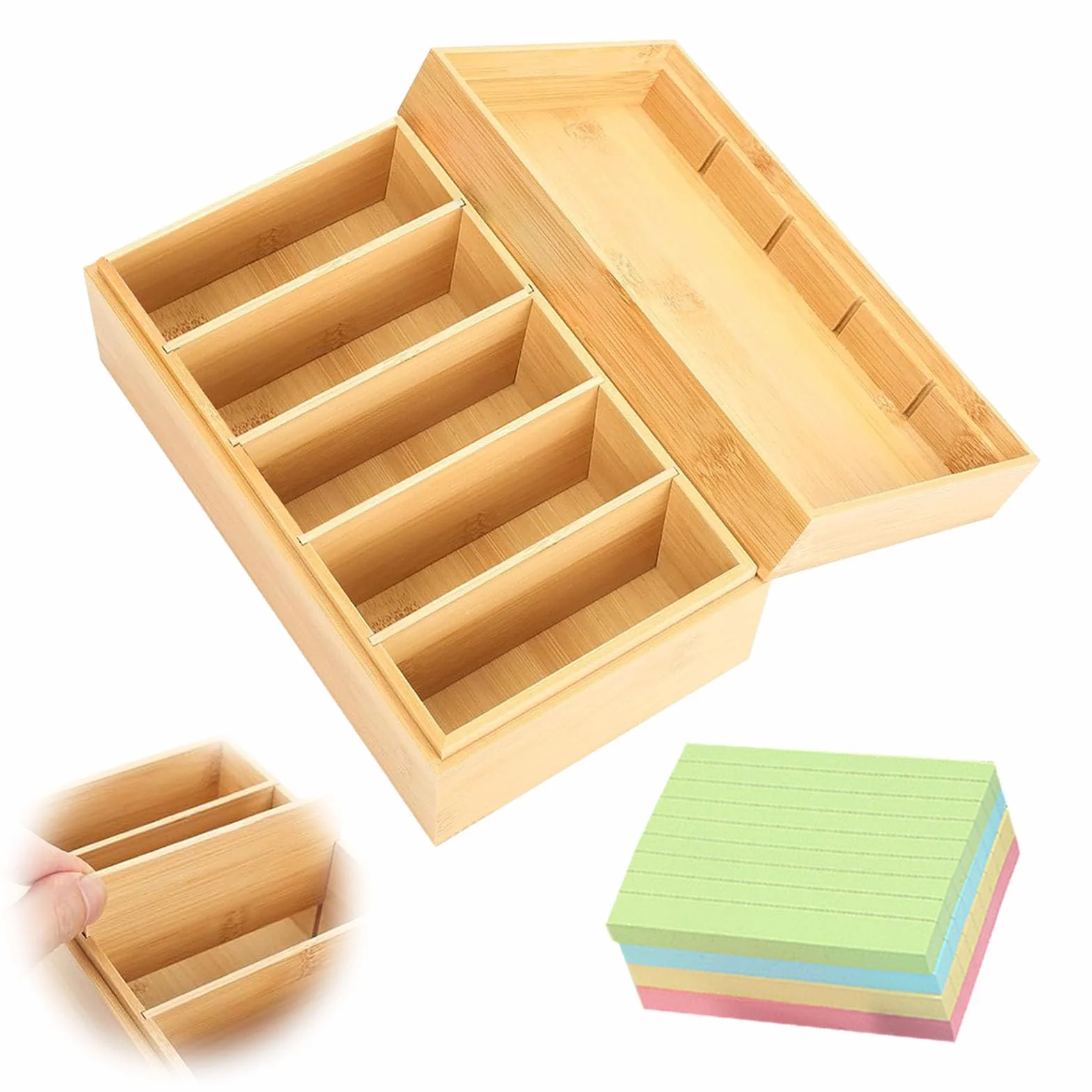 Drewniane pudełko na fiszki A7, 22 x 12,6 x 9 cm, drewniane pudełko na fiszki z pokrywką, drewniane pudełko na słownictwo z 4 wyjmowanymi ściankami działowymi i 400 karteczkami samoprzylepnymi, do