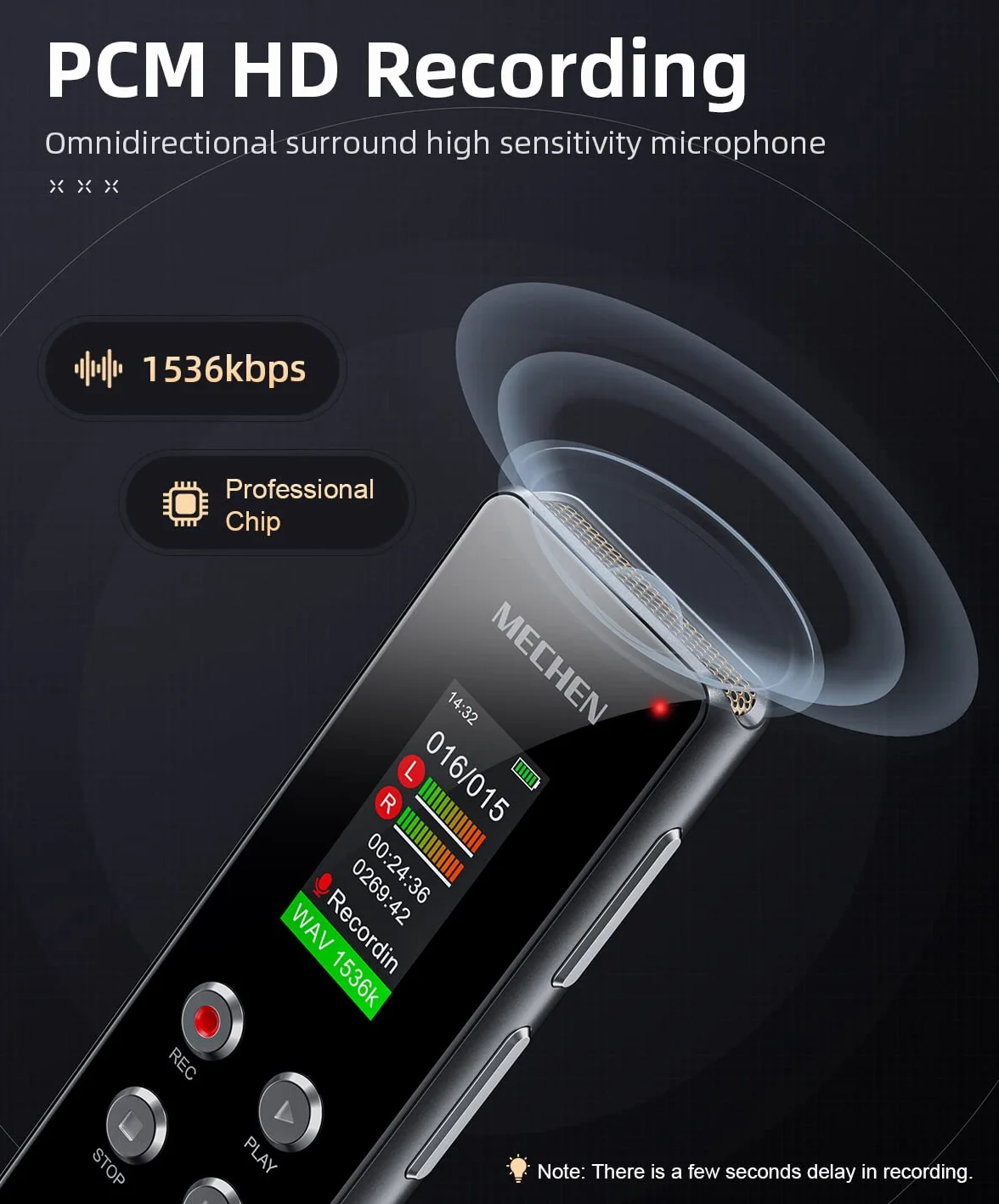 MECHEN V01 dyktafon 64 GB, nagrywanie HD jednym kliknięciem (1536 kbps), nagrywanie głosu, automatyczna redukcja szumów, odtwarzacz MP3, ochrona hasłem, akumulator 300 mAh