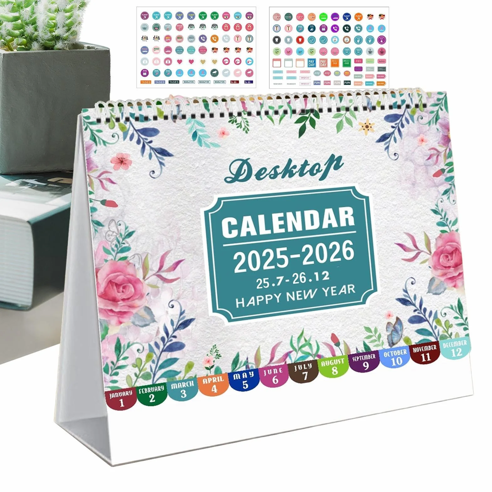 Desktop Calendar 2025-2026, Monthly Planner, 8x7.8 Inch with Stickers for Home School