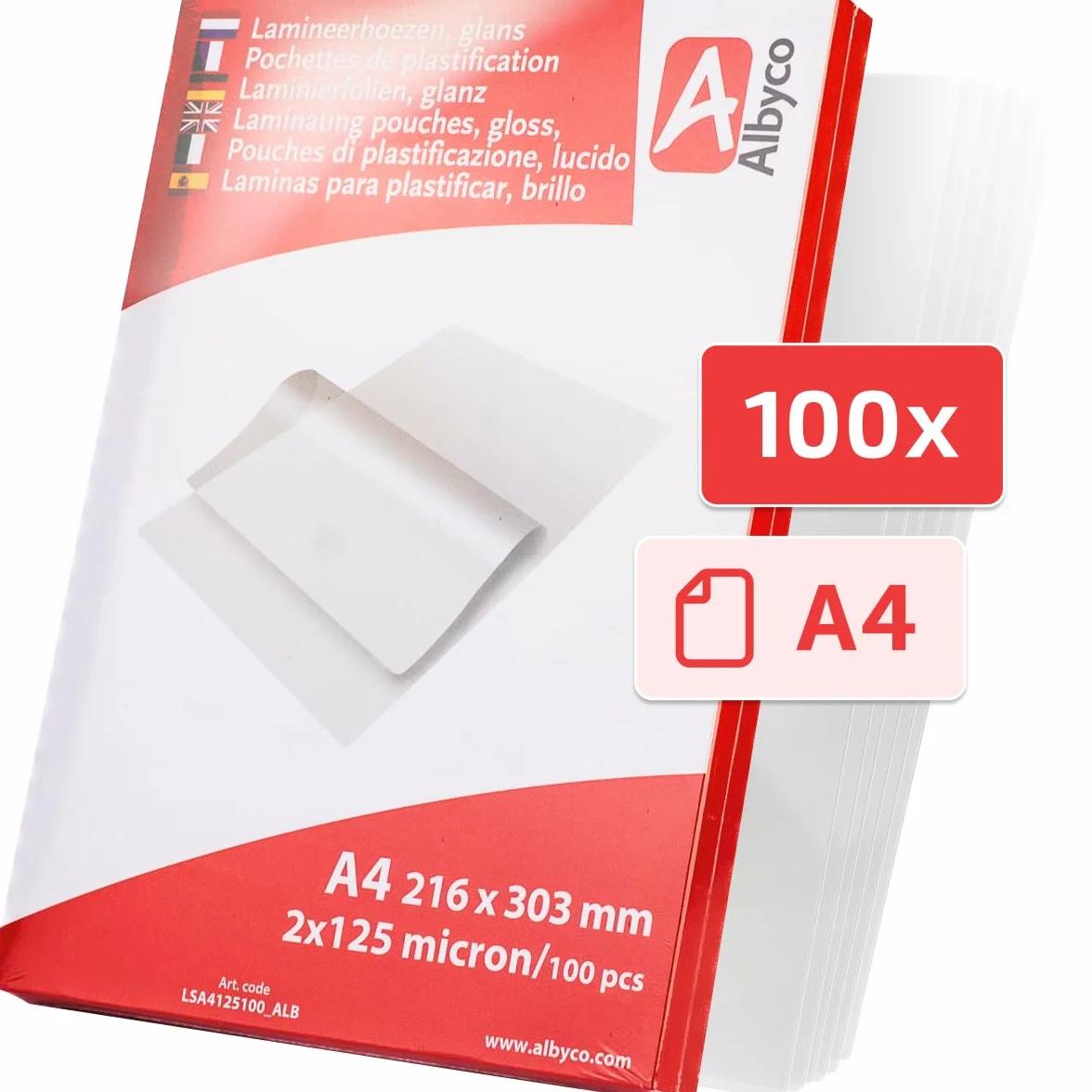 Albyco - Folia do Laminowania A4-250 Micron, Laminarka Folie, 100 Sztuk, 2x125 Mic, Błyszcząca