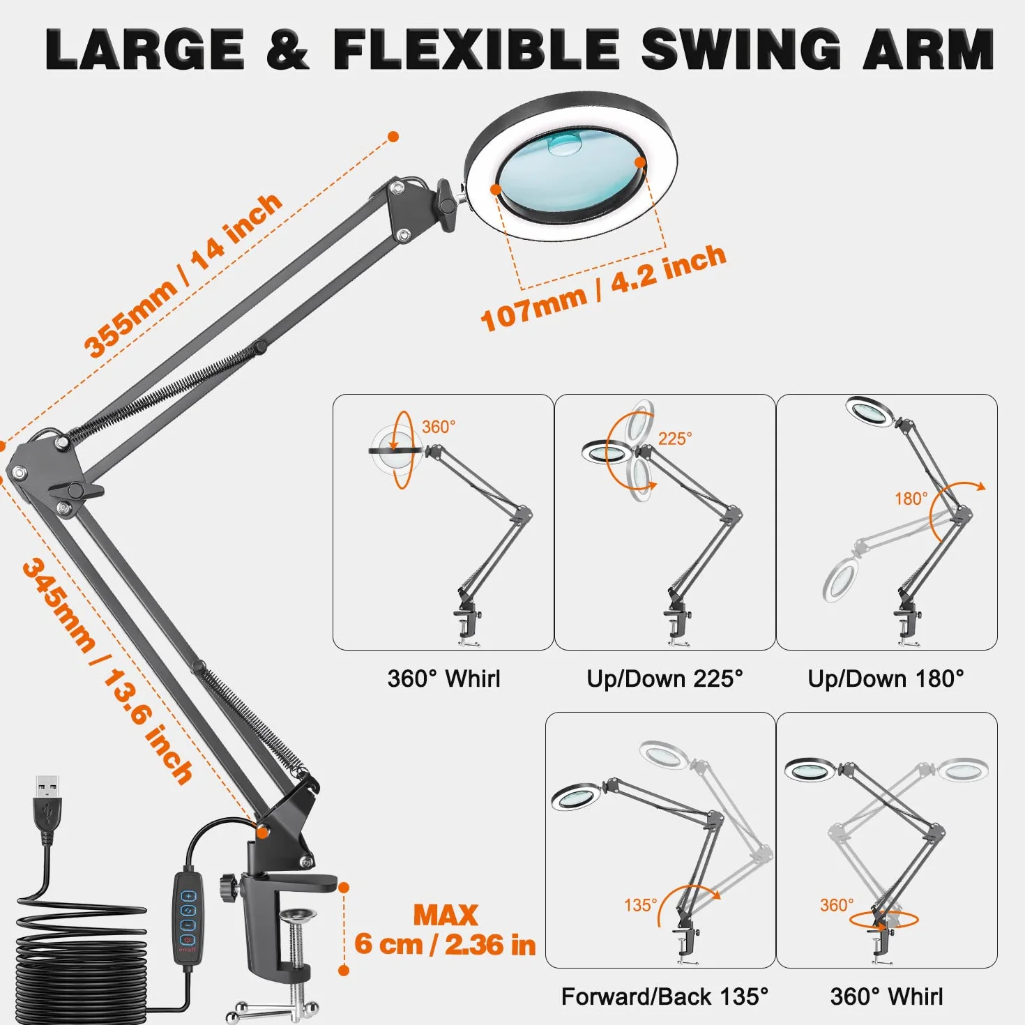 Lupa ze światłem i stojakiem, Jubor 10X 8X lampa z lupą LED z zaciskiem, lampa biurkowa z 3 trybami ściemniania, lampa z lupą LED dla hobbystów, lampa do pracy, lampa LED do czytania