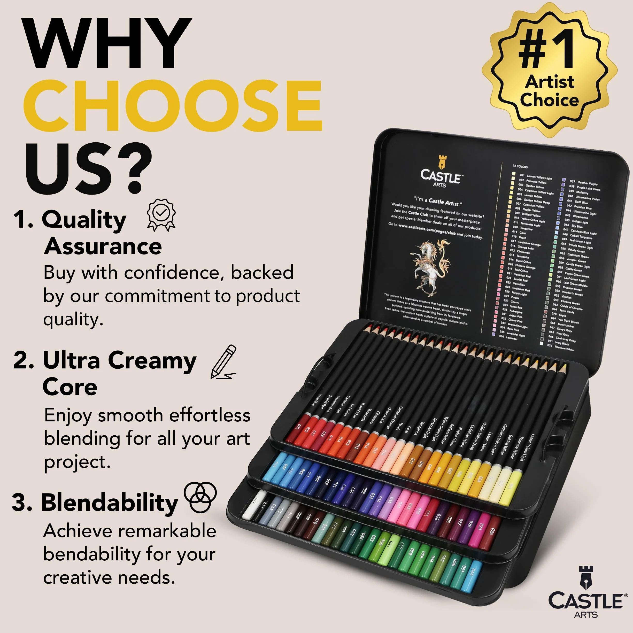 Castle Art Supplies Zestaw 72 kredek do kolorowania | Kolorowe grafity premium z miękkim rdzeniem dla dorosłych artystów, profesjonalistów i kolorystów | W blaszanym pudełku prezentacyjnym