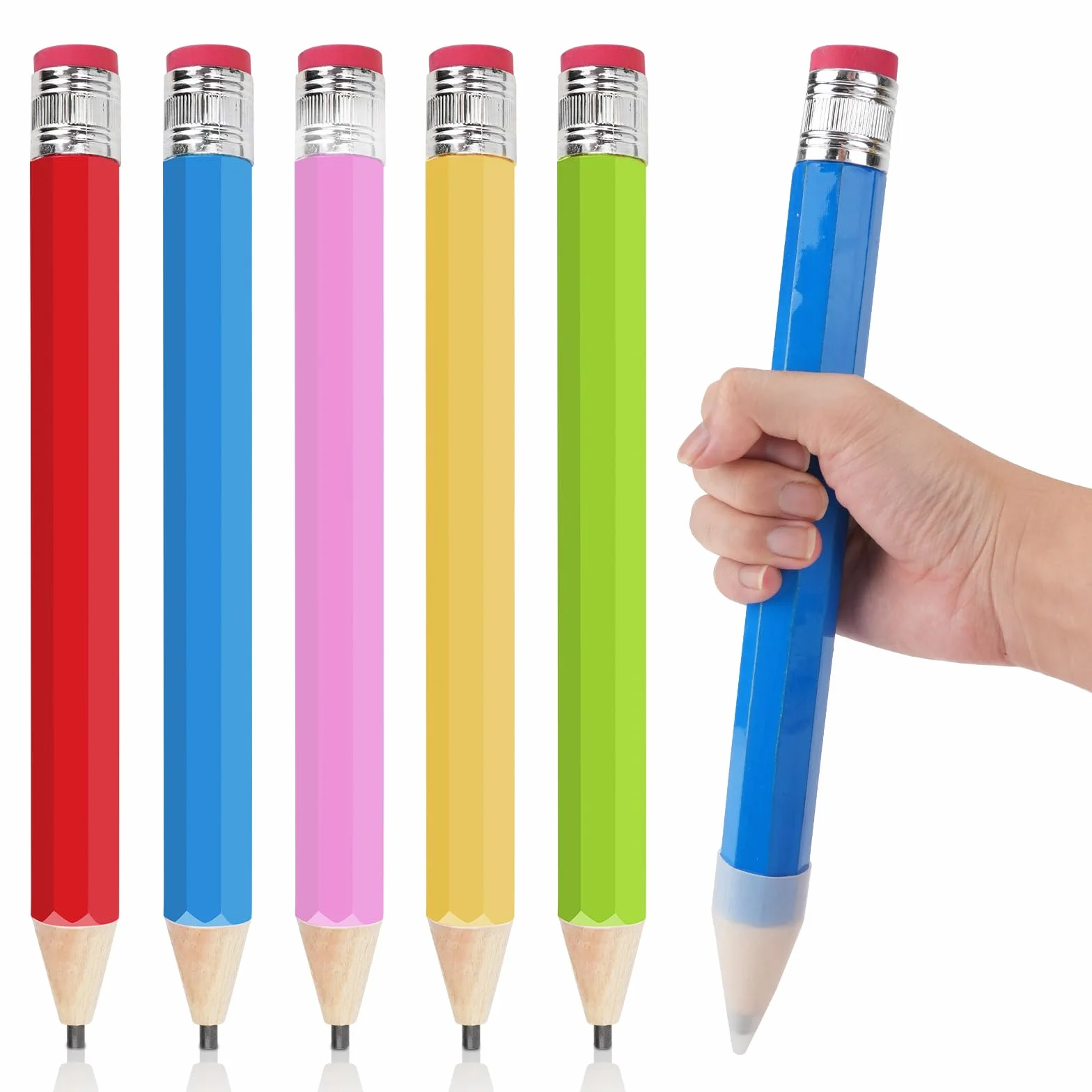 5szt. Drewniane Gigantyczne Ołówki 34cm, Nadwielkie Ołówki Jumbo z Nakładką i Gumką, Zabawne Duże Ołówki Zabawka, Duże Ołówki do Rysowania i Pisania, Markowe Ołówki jako Prezent
