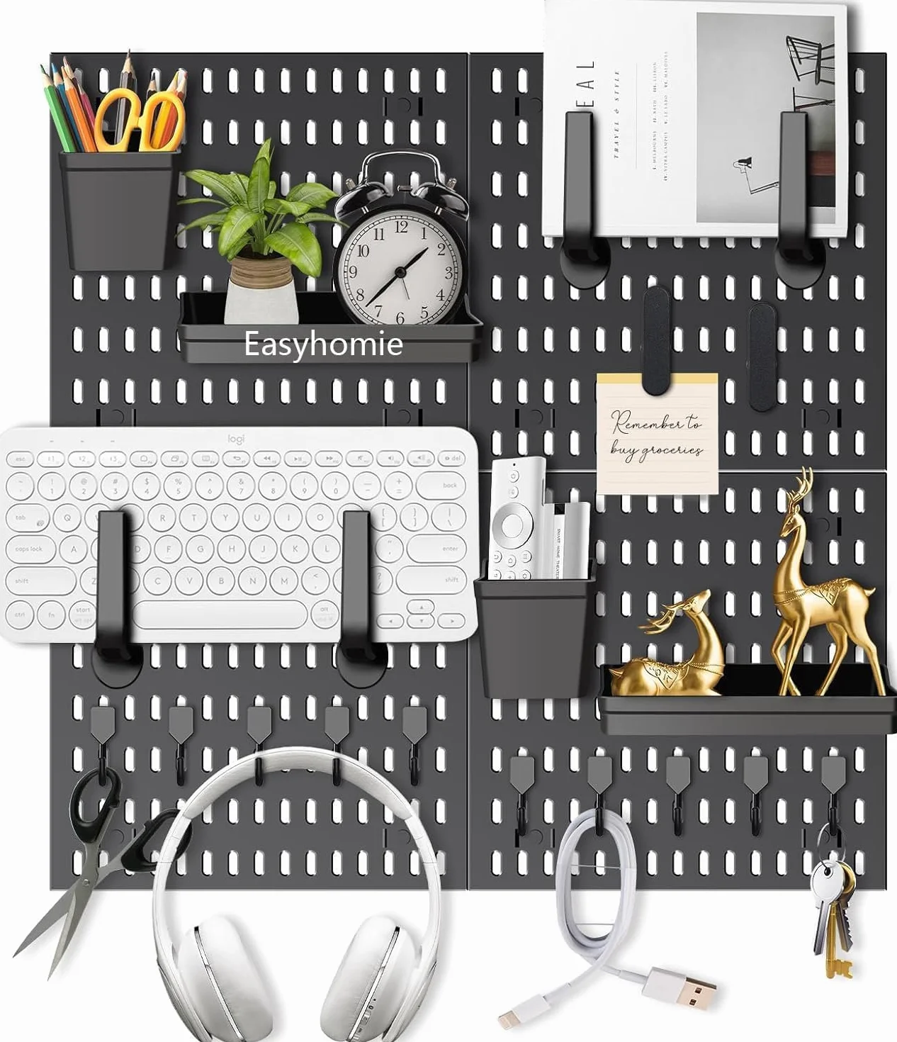 Tablica wtykowa, zestaw 4 paneli wtykowych (30 x 30 cm) + 20 akcesoriów do przechowywania pomieszczeń, organizacji i dekoracji, dowolne połączenie i łatwa instalacja (czarna)