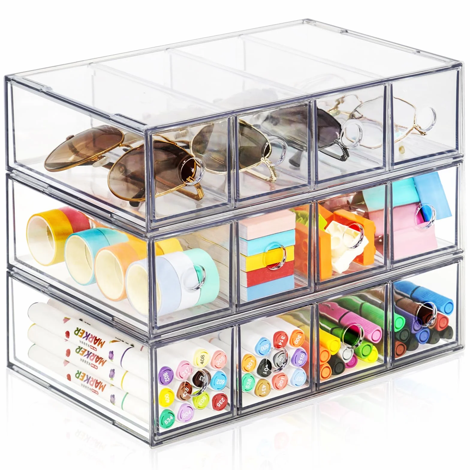 Organizer na biurko z 12 szufladami, możliwość układania w stos, pudełko do przechowywania na biurko ze zdejmowaną szufladą, przezroczysty organizer na okulary przeciwsłoneczne, etui na