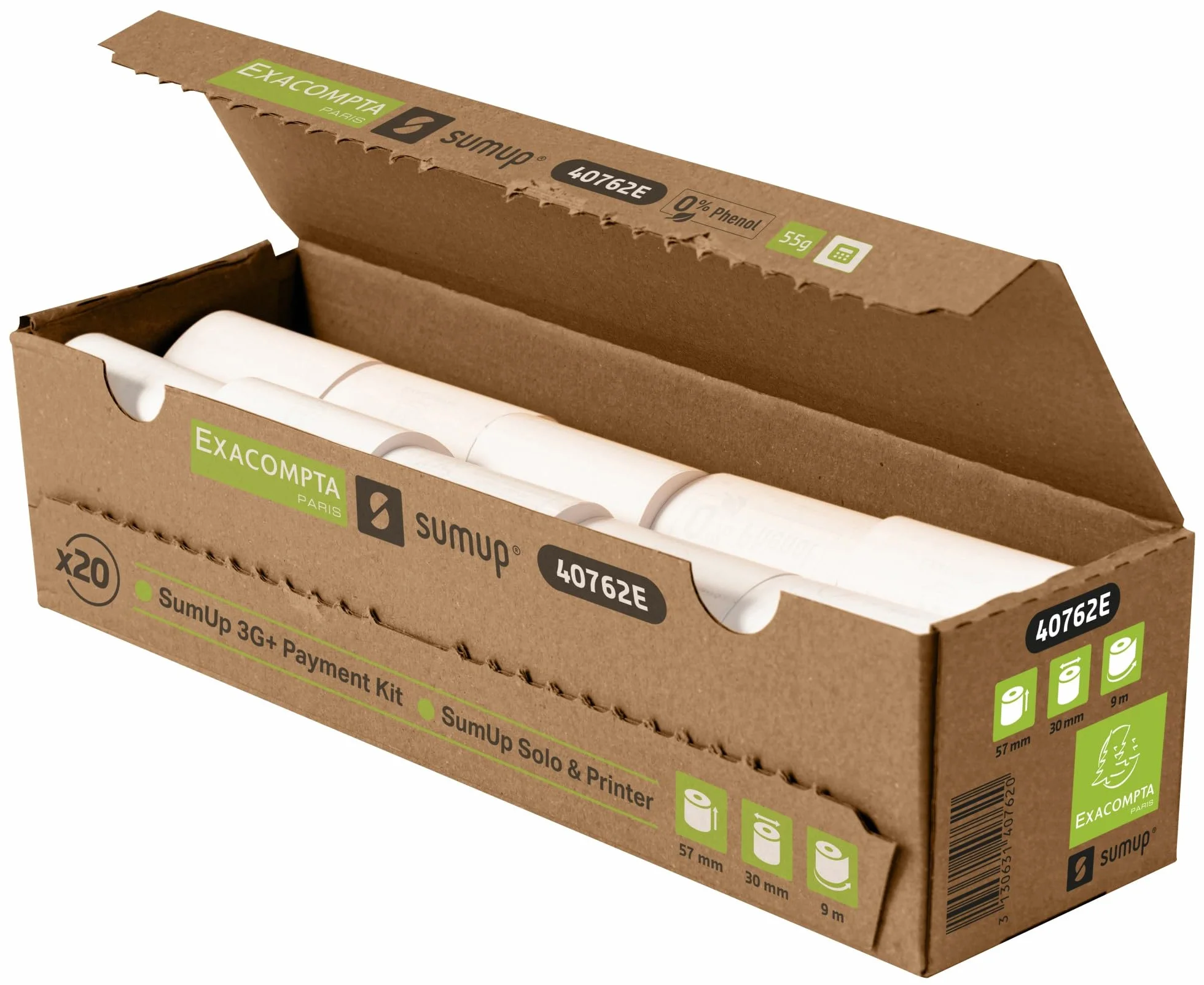 Exacompta SumUp 40762E zestaw 20 rolek termicznych 57 mm x 9 m, 1-warstwowe, ekstra białe