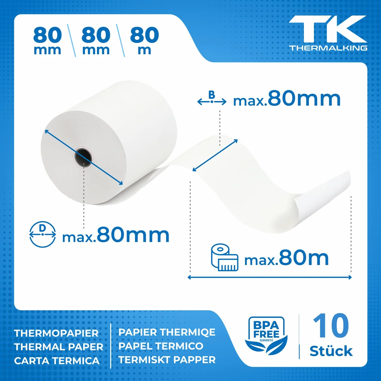 Opakowanie 10 rolek termicznych premium 80mm x 80mm x 12mm - rolki paragonowe z papieru termicznego (80 80 12) - certyfikowane do drukarek kasowych takich jak IBM, Metapace i wielu innych.