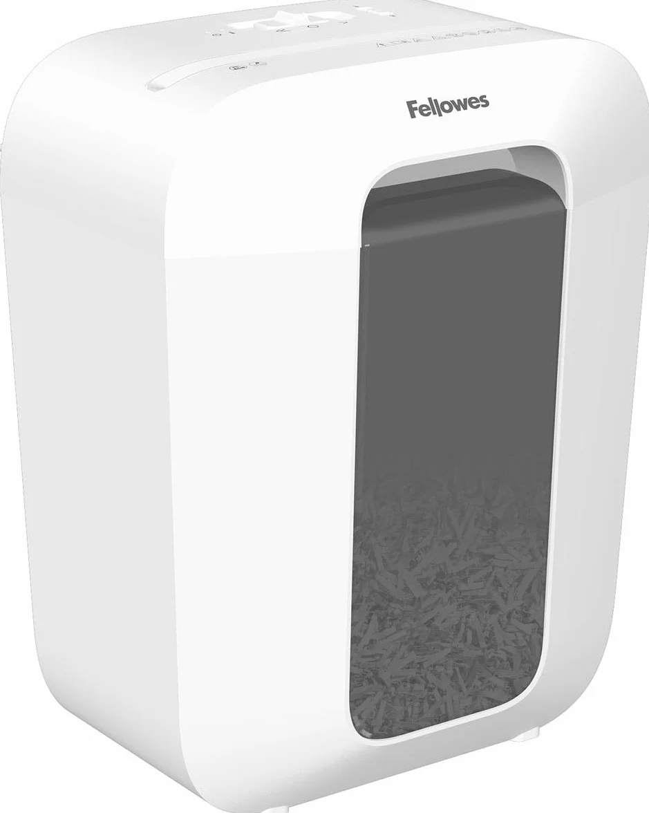Fellowes Niszczarka do dokumentów, 9 arkuszy (P4), niszczarka papieru z cięciem cząstek do domowego biura, Powershred LX50, niszczarka z koszem 17 l i blokadą bezpieczeństwa, seria LX Design, biała