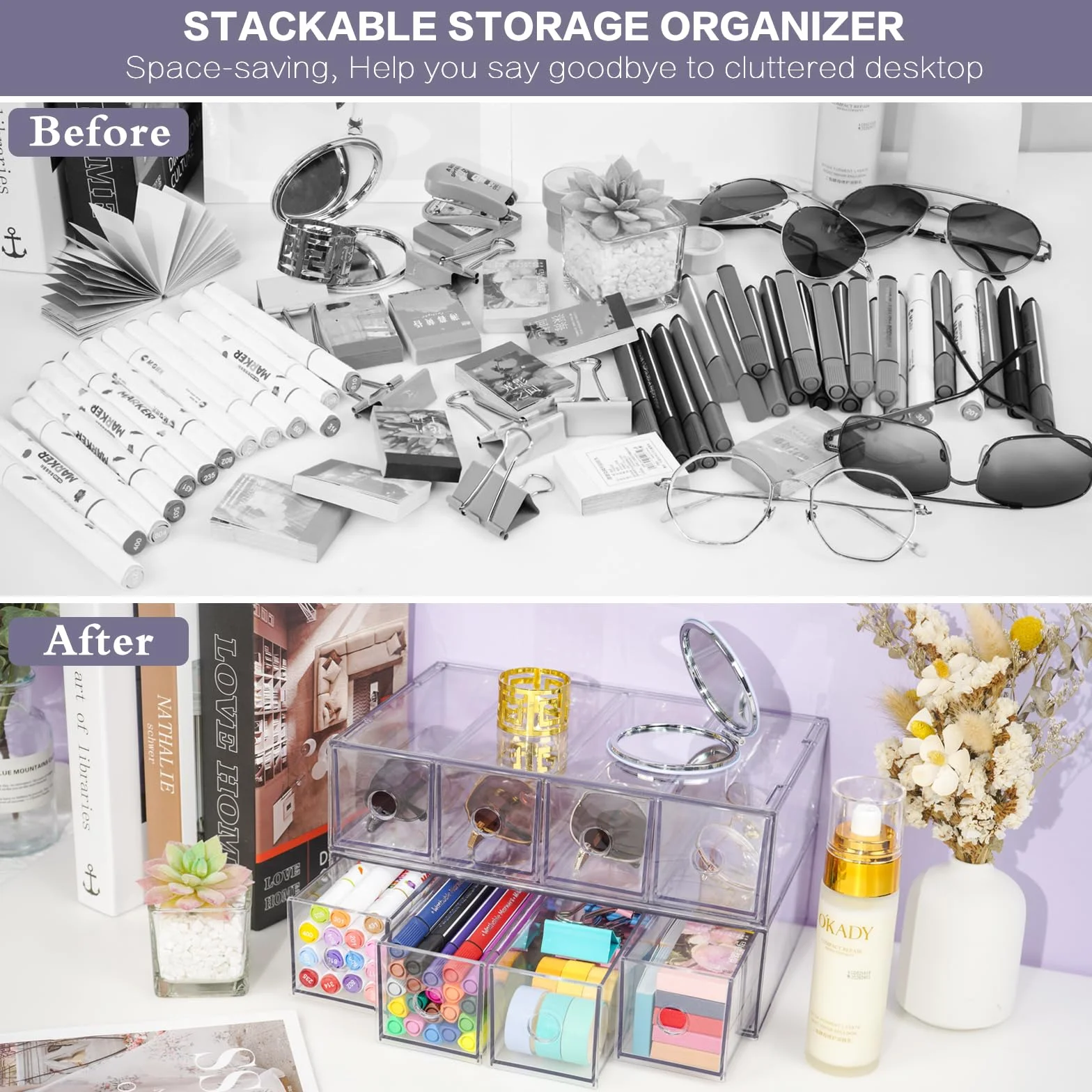 Organizer na biurko z 12 szufladami, możliwość układania w stos, pudełko do przechowywania na biurko ze zdejmowaną szufladą, przezroczysty organizer na okulary przeciwsłoneczne, etui na