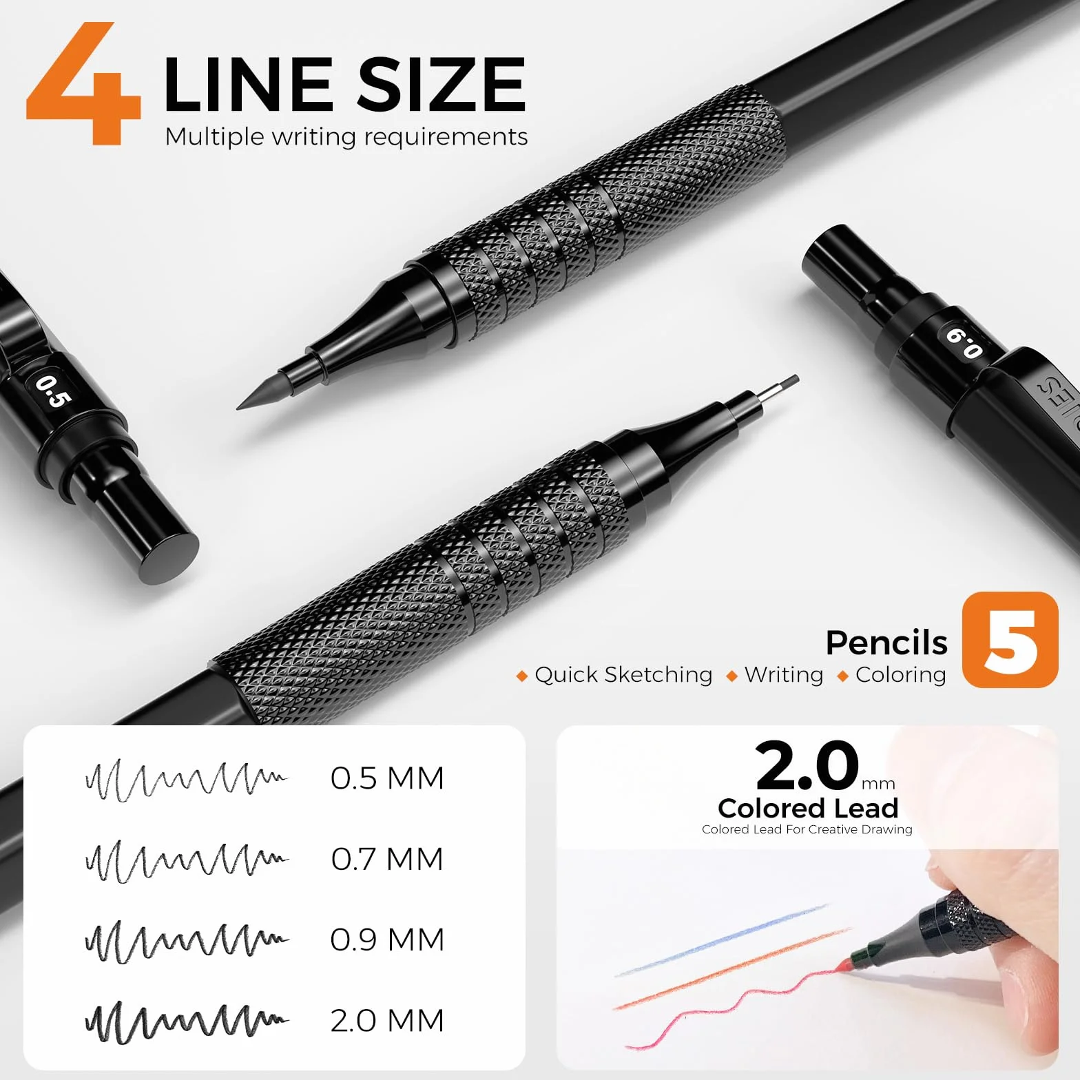 Four Candies Zestaw metalowych ołówków mechanicznych 0,5 0,7 0,9 mm 2 mm z 420 wkładami 4B 2B HB 2H czarny